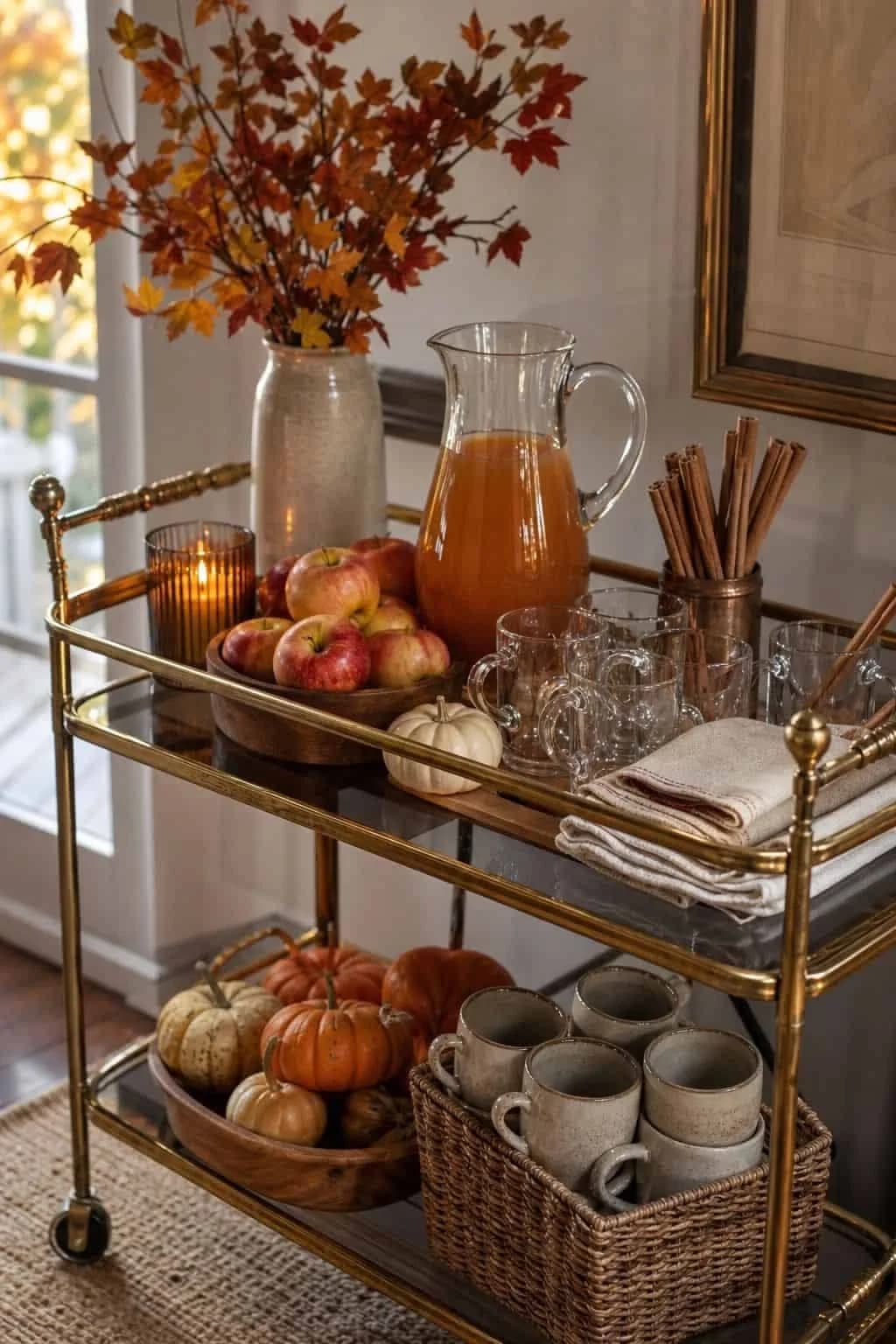 Brass bar cart with a pitcher of cider, a bowl of apples, cinnamon sticks, glasses, a vase of maple branches and a basket of mugs on the lower shelf