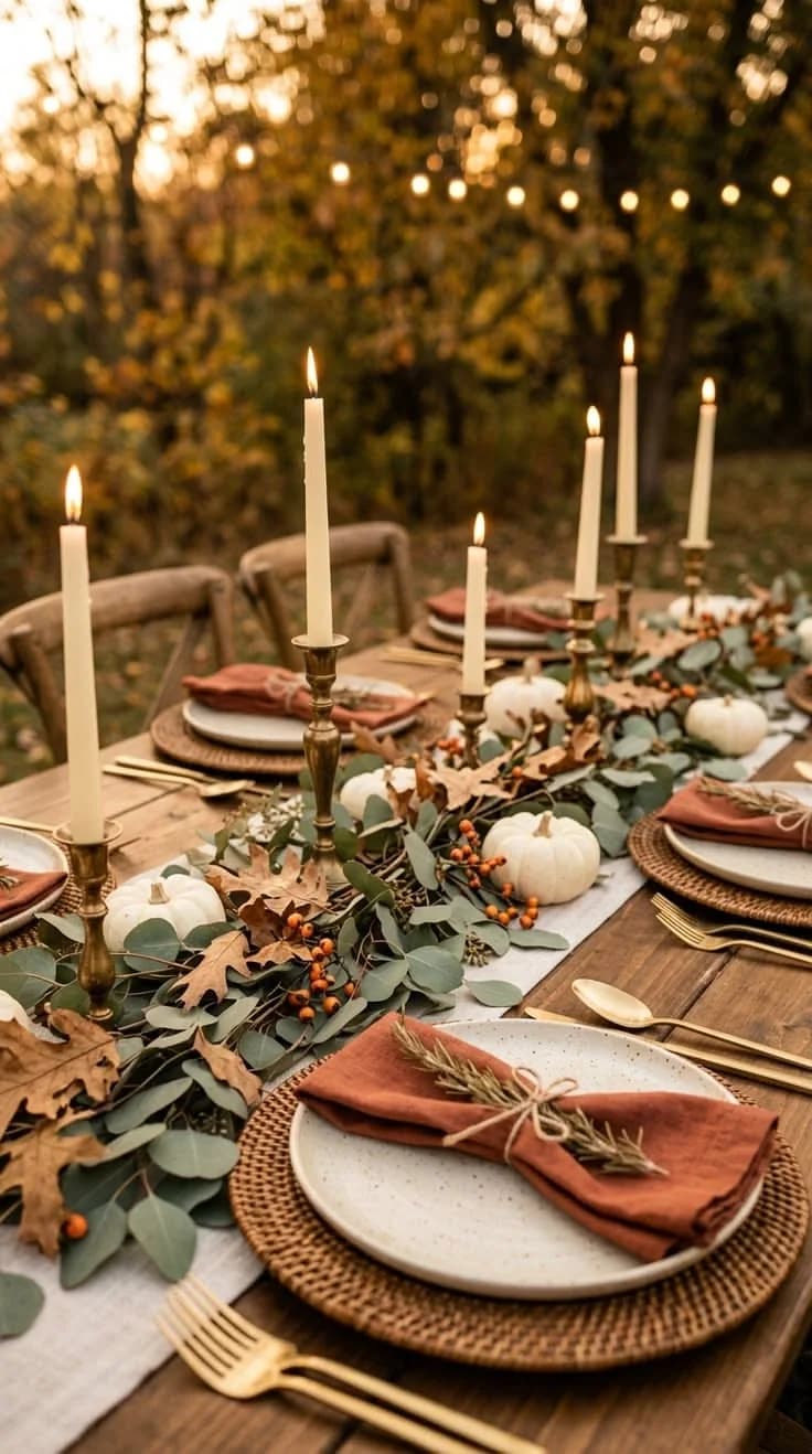 Table with a runner of eucalyptus, oak leaves and white mini pumpkins, brass candlesticks and a rust napkin tied with rosemary