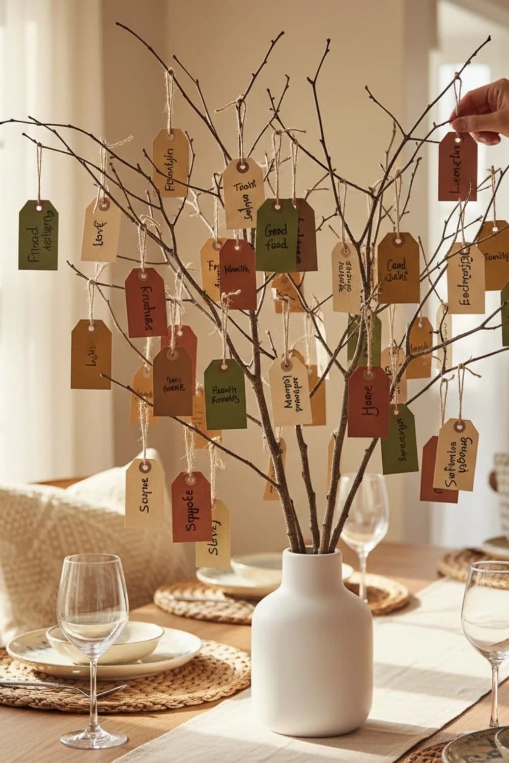 Bare branches in a white vase hung with rust, green and kraft paper tags with handwritten words, on a table set with woven placemats