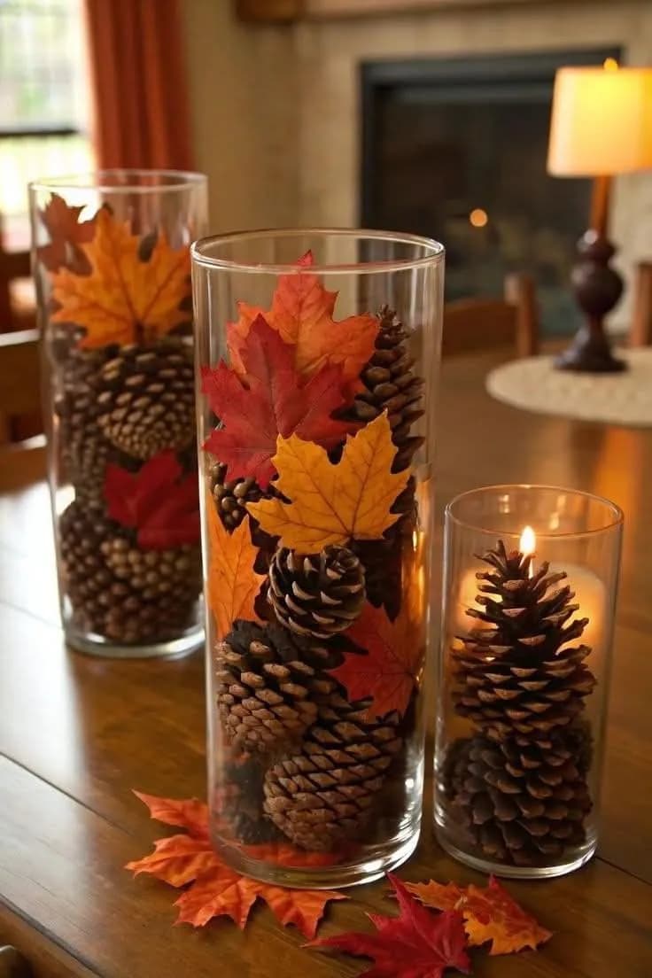 Three glass cylinder vases filled with pine cones and orange and red maple leaves, one holding a candle, on a wooden table