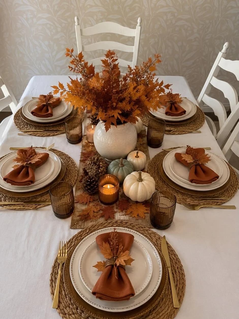 Small round table with a white cloth, a vase of orange fall leaves, mini pumpkins, a candle in glass, rust napkins and woven placemats