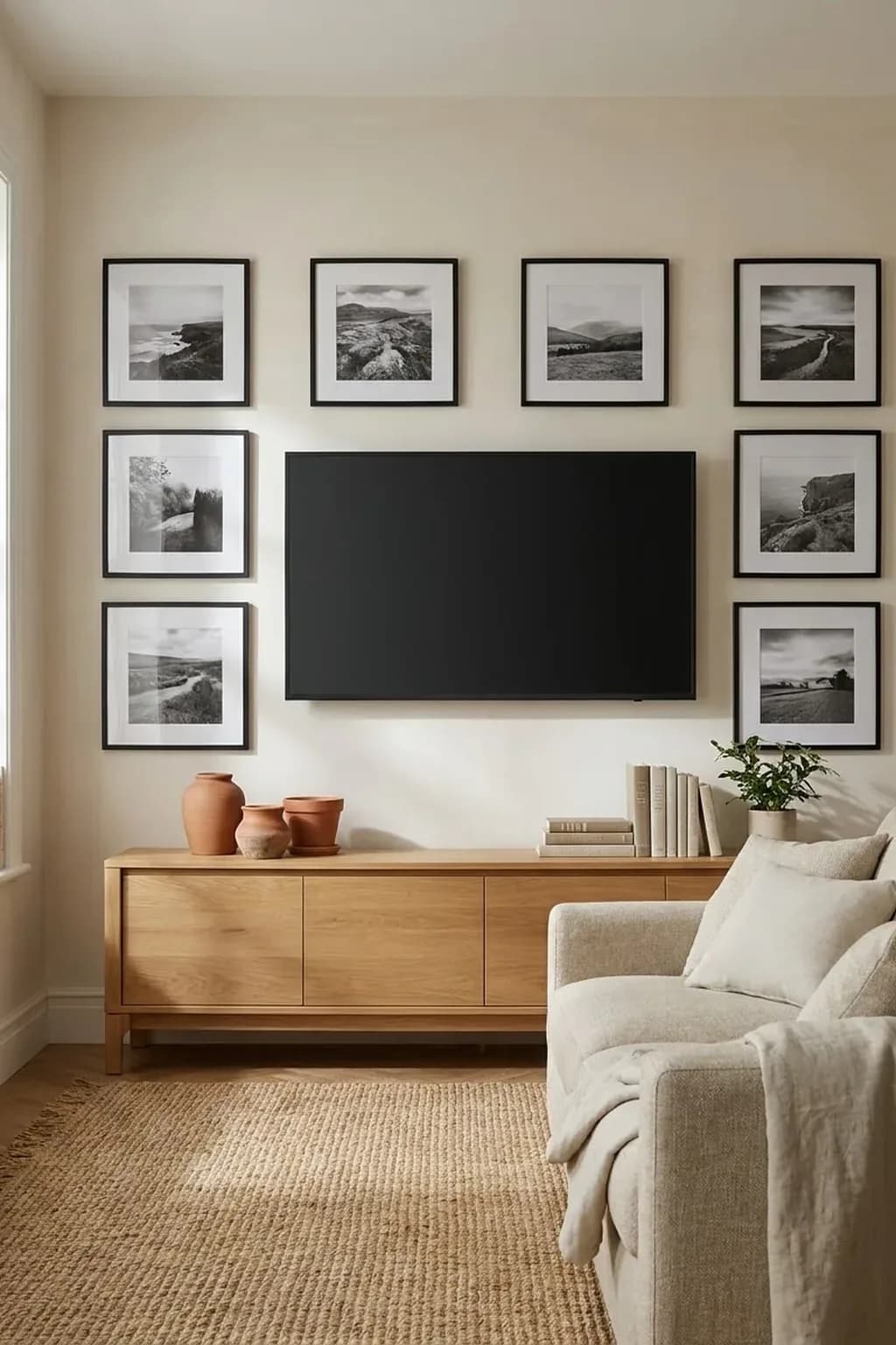 Small living room wall with a wall-mounted television switched off, surrounded by eight thin black frames with black and white landscape photographs at even spacing, a low oak media cabinet below