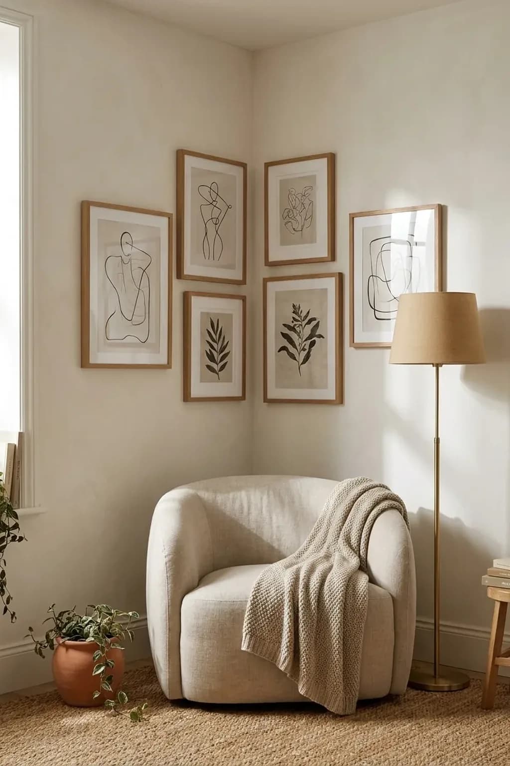 Reading corner where a small gallery of six mixed oak frames wraps around the inside corner of two warm white walls at matching heights, a rounded armchair with a throw and a slim floor lamp beneath
