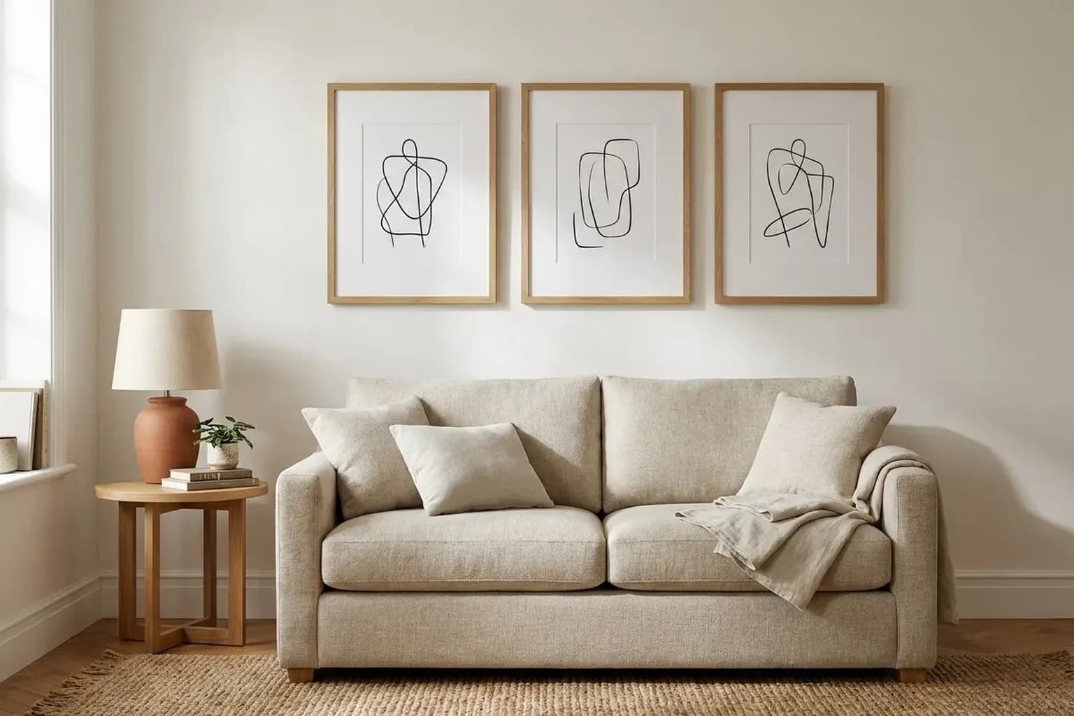 Small living room with a compact oatmeal two-seater sofa against a warm white wall, a level row of three medium oak frames with wide white mats holding simple abstract line drawings hung close above the sofa, a small round oak side table with a ceramic lamp