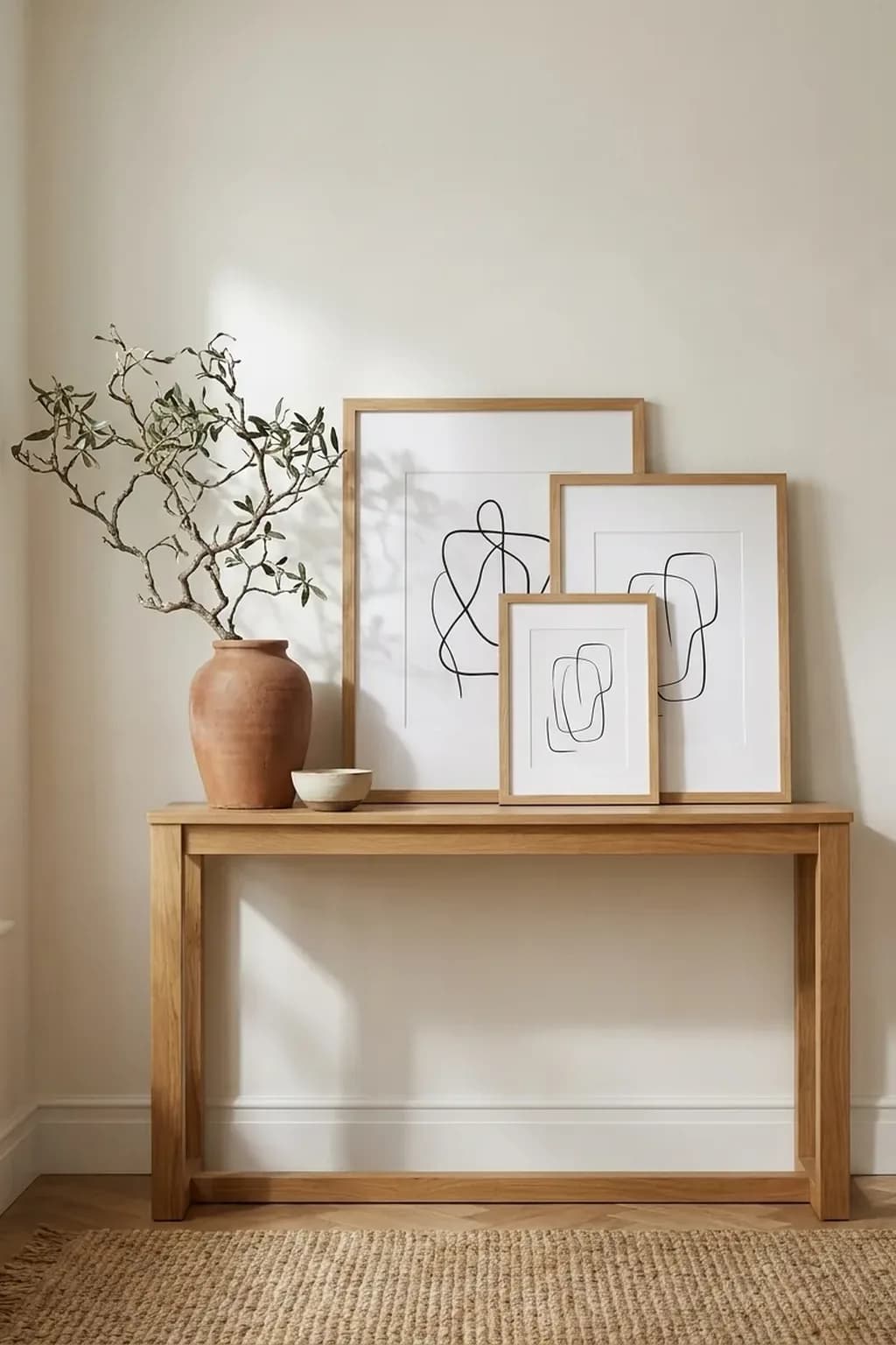 Narrow oak console table against a warm white wall with three overlapping framed prints of different sizes leaning on it, a stoneware vase with a branch and a small bowl beside them, nothing hung on the wall