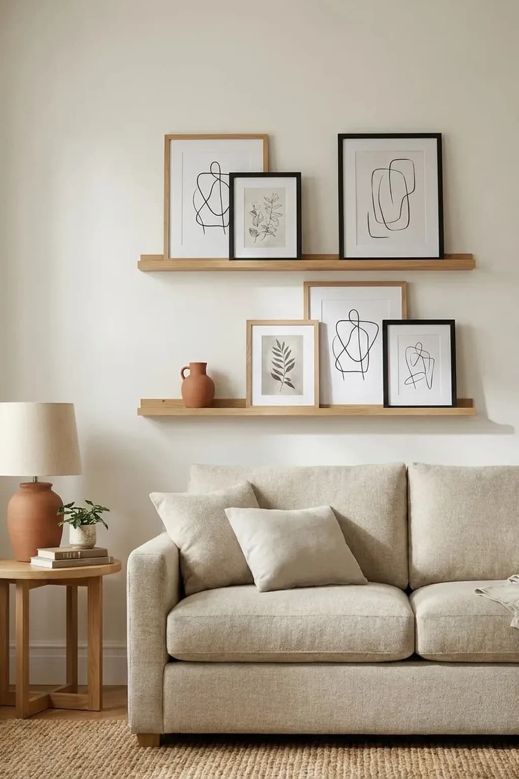 Two shallow oak picture ledges on a warm white wall above a small sofa, overlapping leaned frames of different sizes in oak and black with abstract and botanical prints, one small ceramic vase on the ledge