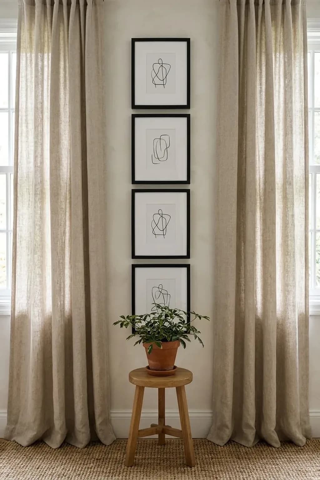 Narrow strip of wall between two windows with a vertical column of four matching black frames with white mats and simple line drawings, linen curtains at both sides, a small wooden stool with a plant below