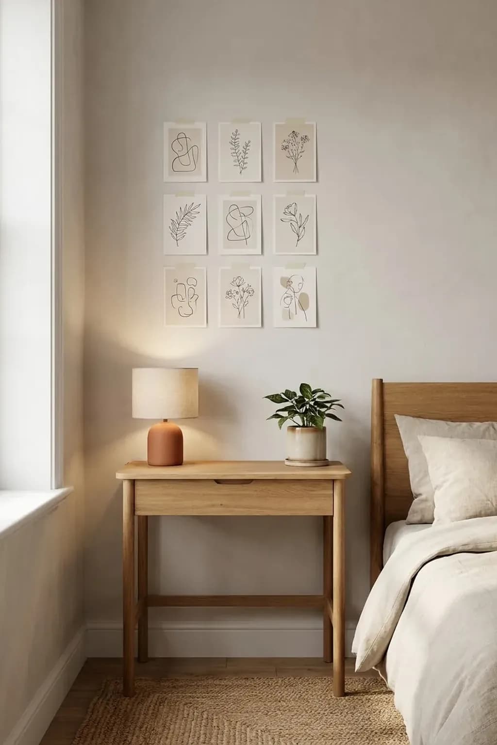 Rental bedroom wall above a small desk with nine unframed art postcards of abstract shapes and botanical drawings taped in a strict three by three grid with pale washi tape, a desk lamp and a plant