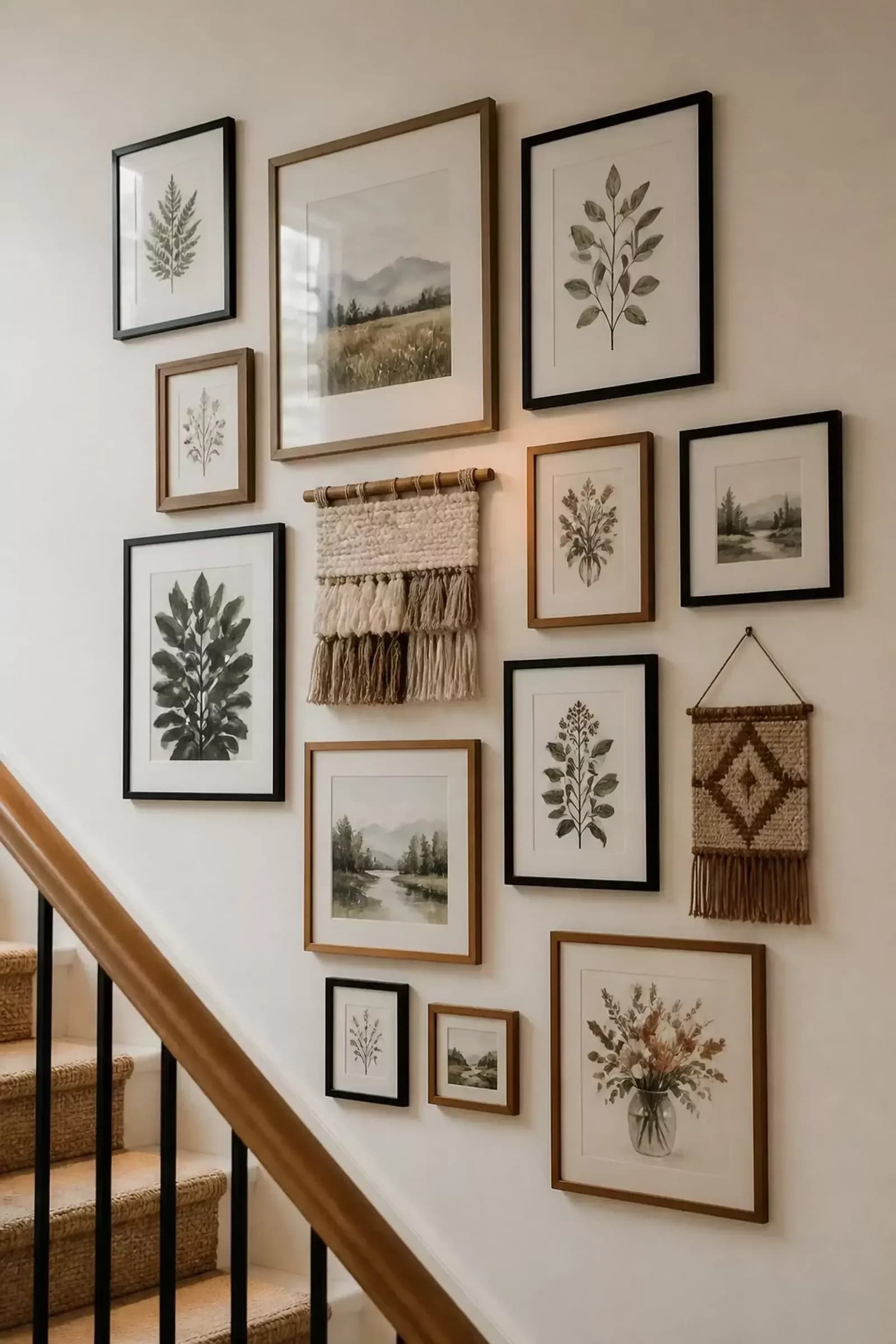 Staircase wall with a cluster of mixed wood and black frames holding botanical prints and landscapes, with two small woven wall hangings among them, above a wooden handrail
