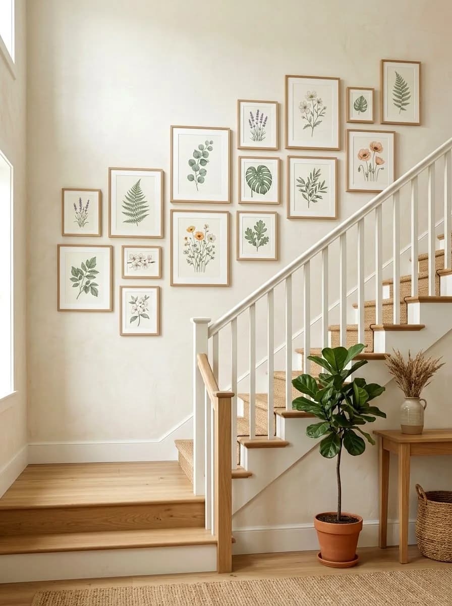 Light staircase with a rising cluster of botanical prints of leaves and flowers in matching light wood frames, a white balustrade, a fiddle-leaf fig in a terracotta pot and a small wooden table