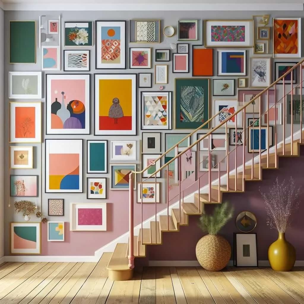 Stair wall covered with colorful modern prints in thin frames, from floor to ceiling, above a pink and plum painted lower wall with a pink handrail and two yellow vases at the bottom