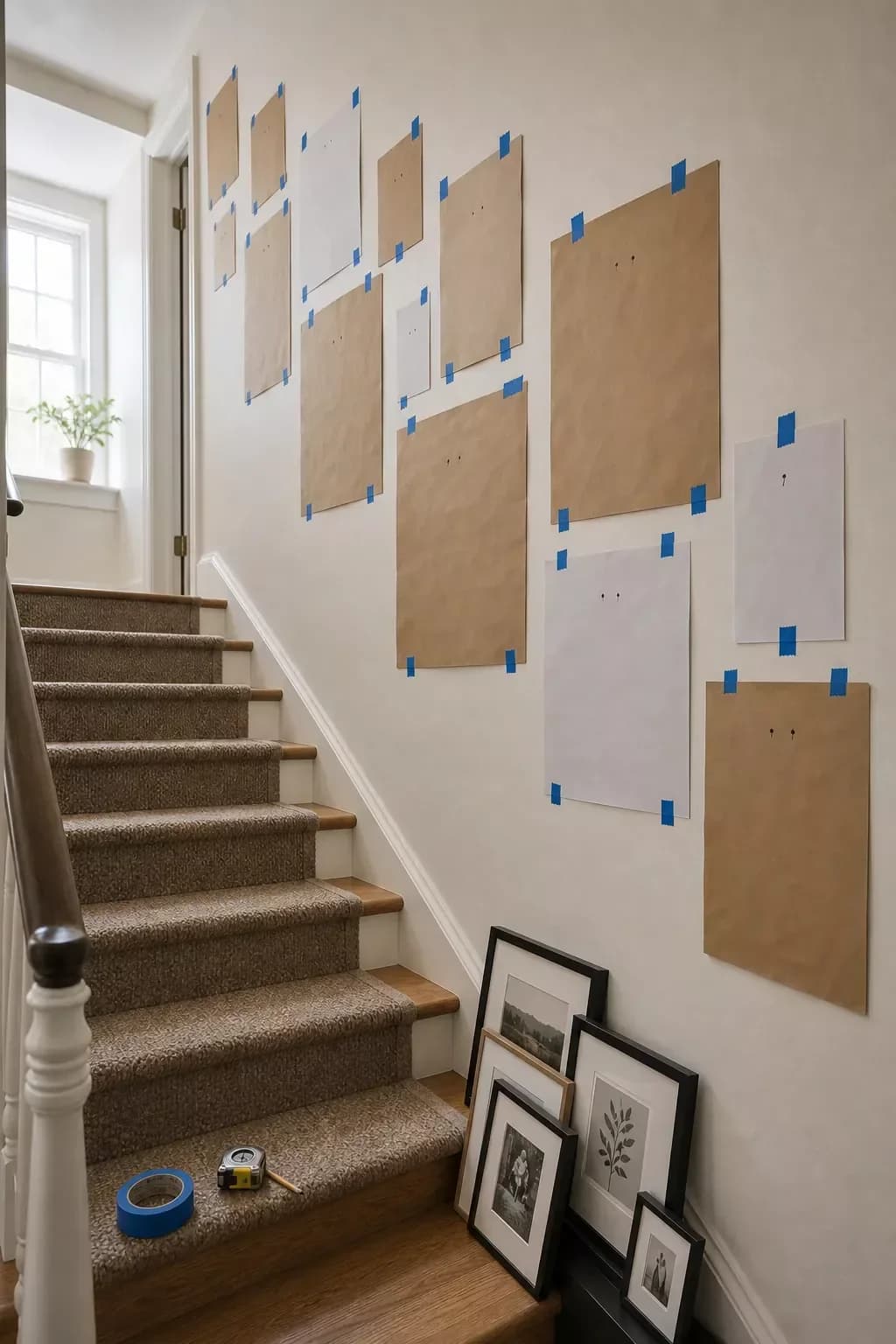 Staircase wall with kraft paper templates of frames taped in a rising arrangement, frames leaning against the stairs below and a roll of painter's tape on a step