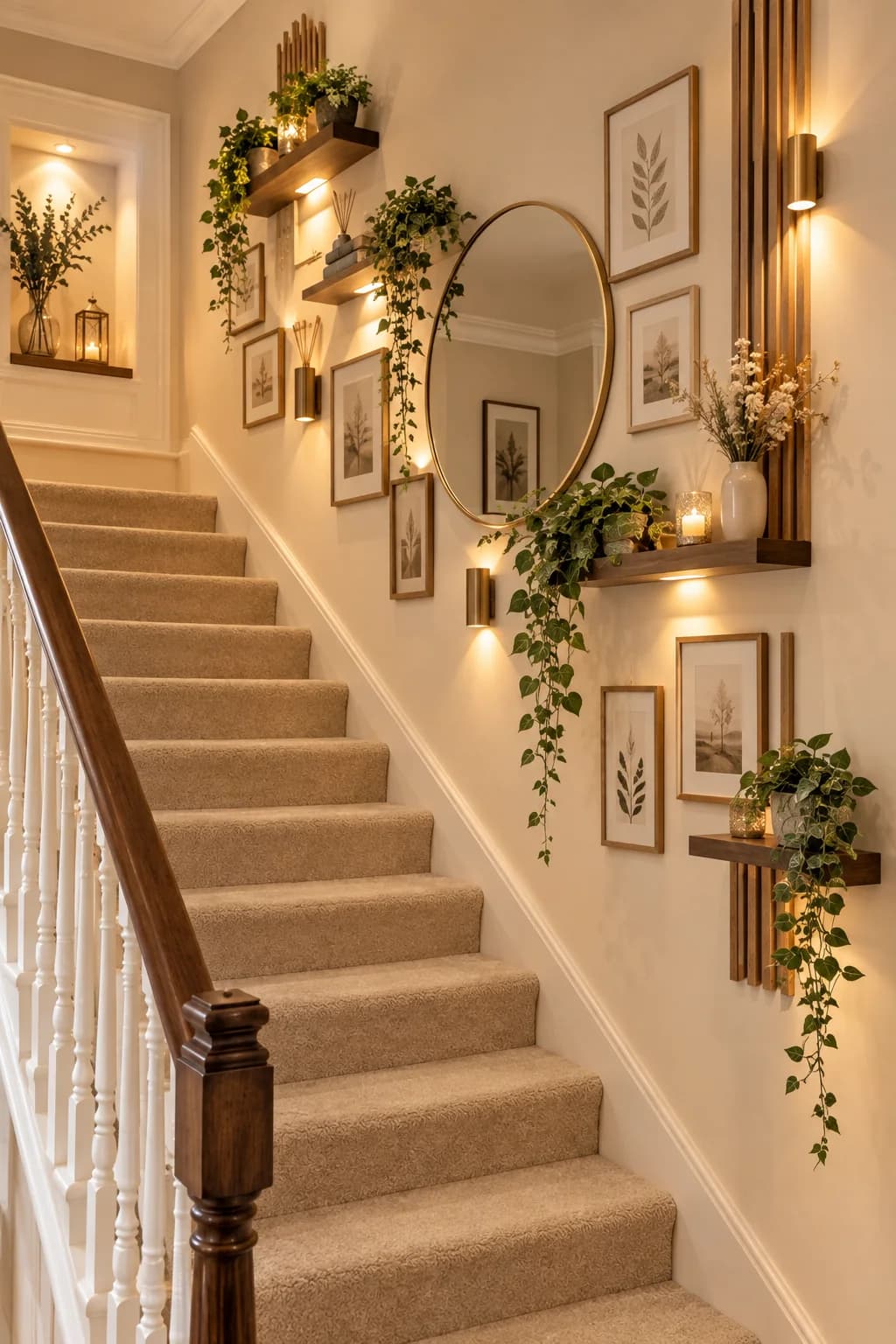 Carpeted staircase with a wall of small framed leaf prints, a round mirror, little wooden shelves with trailing plants and candles and warm wall lights, beside a white balustrade