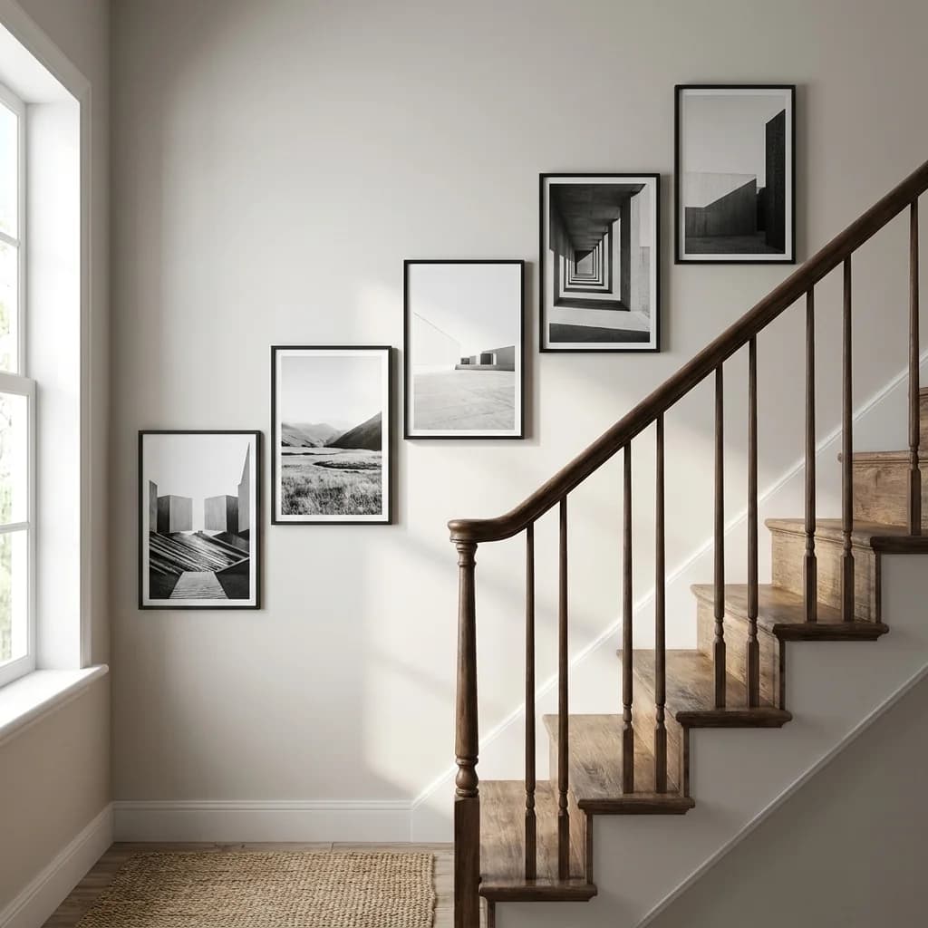 Staircase with a dark wood handrail and five black-framed black and white photographs of architecture and landscapes hung in a rising stepped line above the stairs