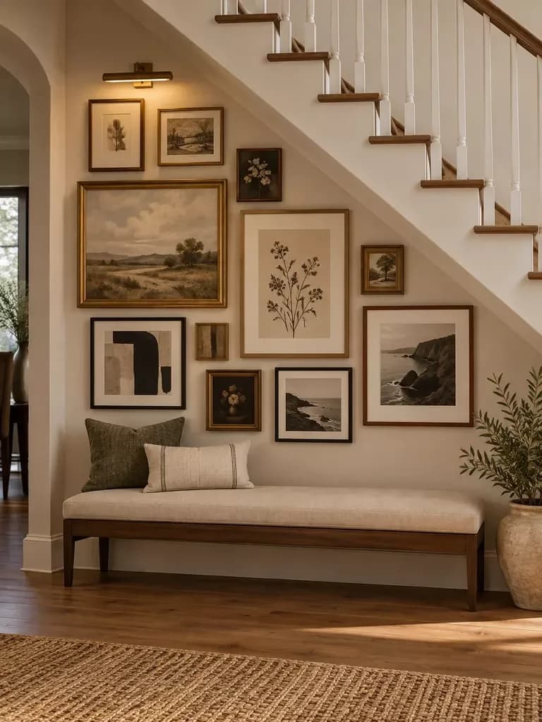 Space under an open staircase with an upholstered bench, a cluster of framed landscapes, botanical prints and abstract art above it, a picture light and a plant in a large pot
