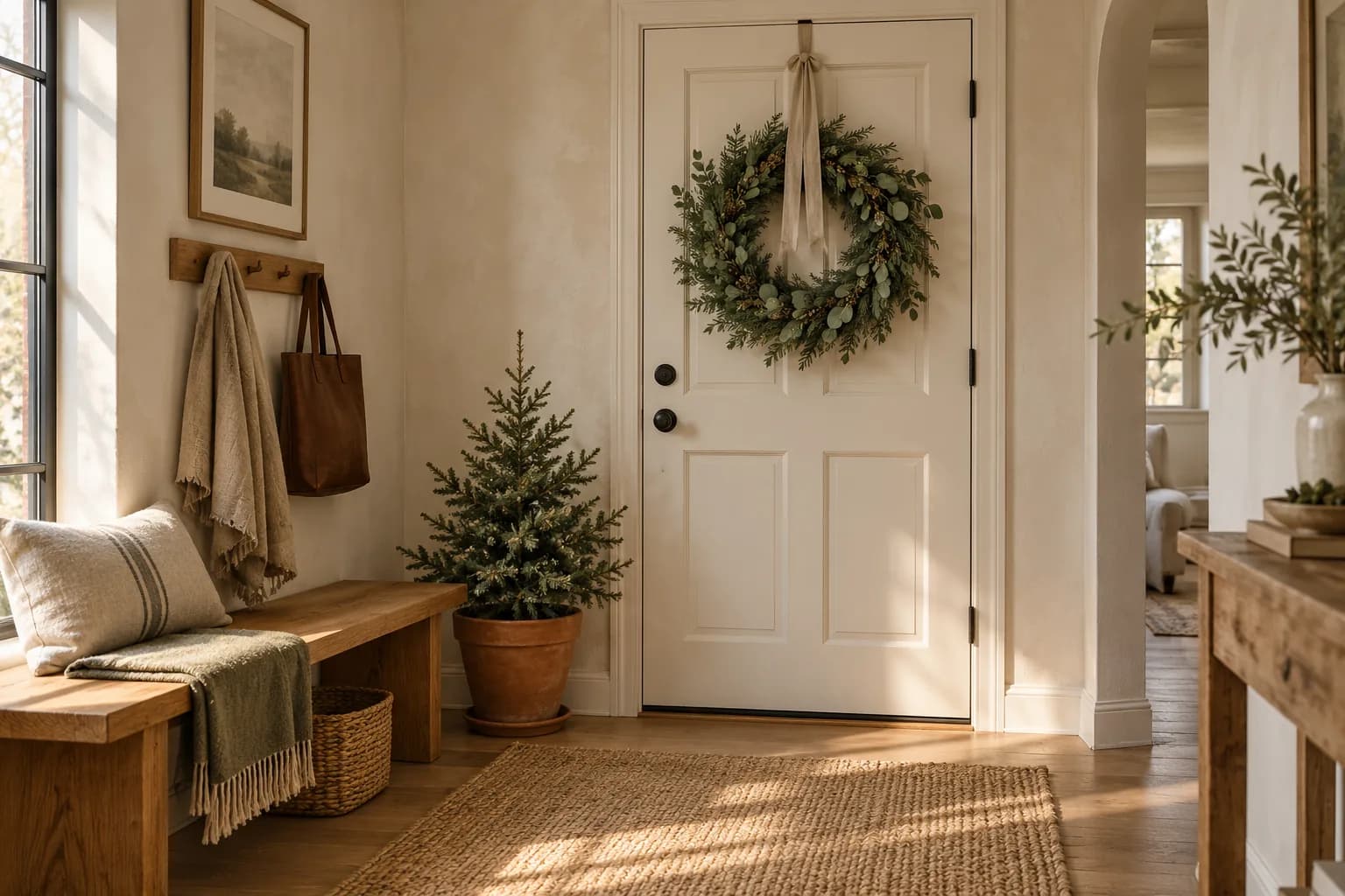 Apartment front door with a eucalyptus wreath hung on an over-the-door hanger