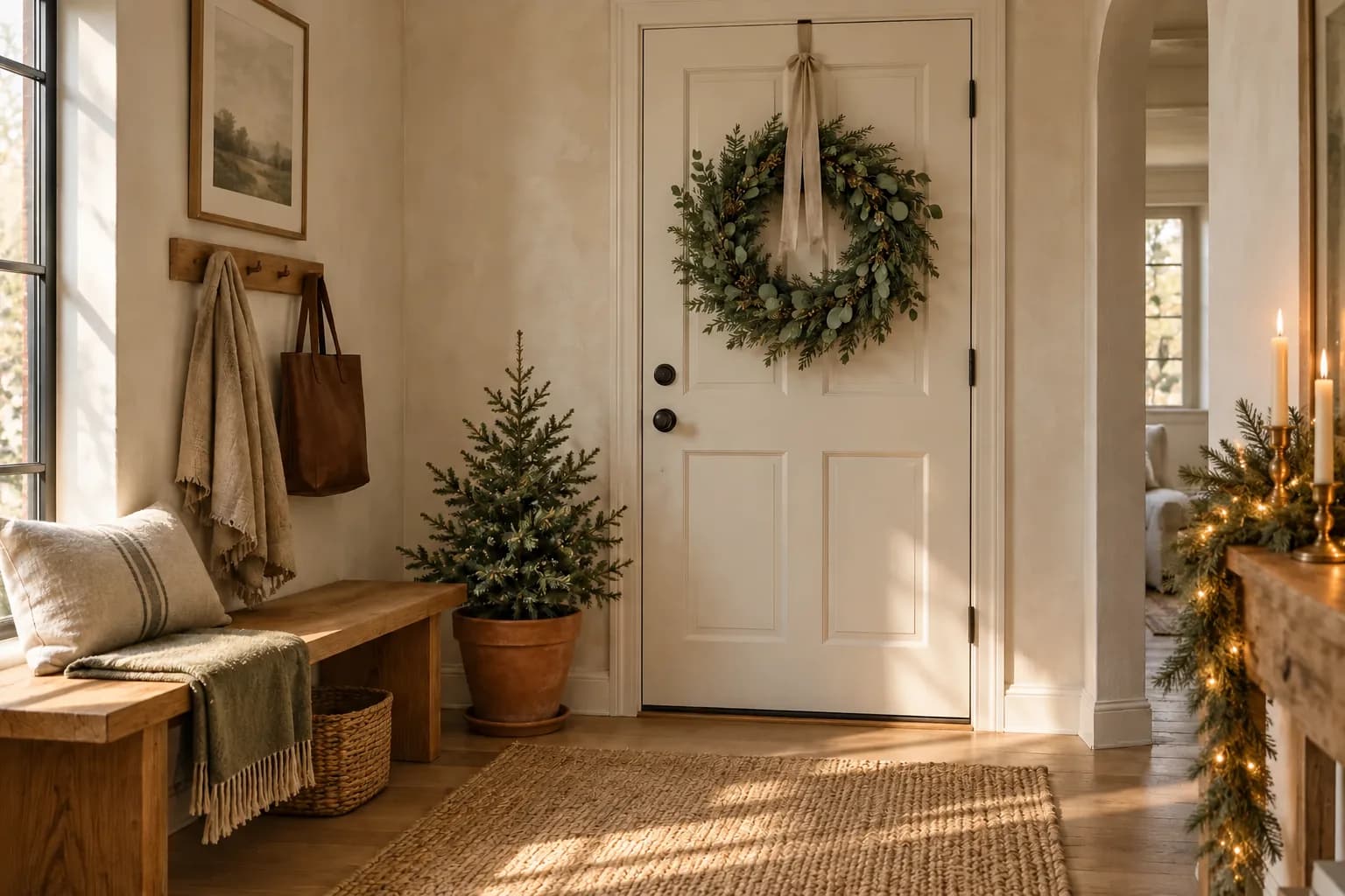 Faux pine garland with warm fairy lights draped along an oak shelf, weighted with brass candleholders