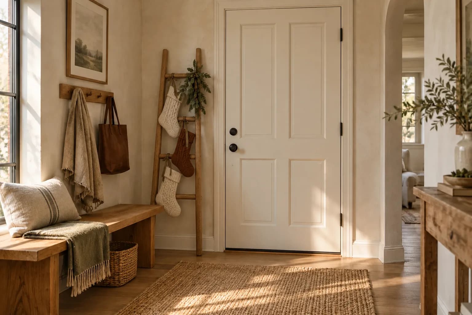 Oak blanket ladder with three knit stockings tied on with ribbon