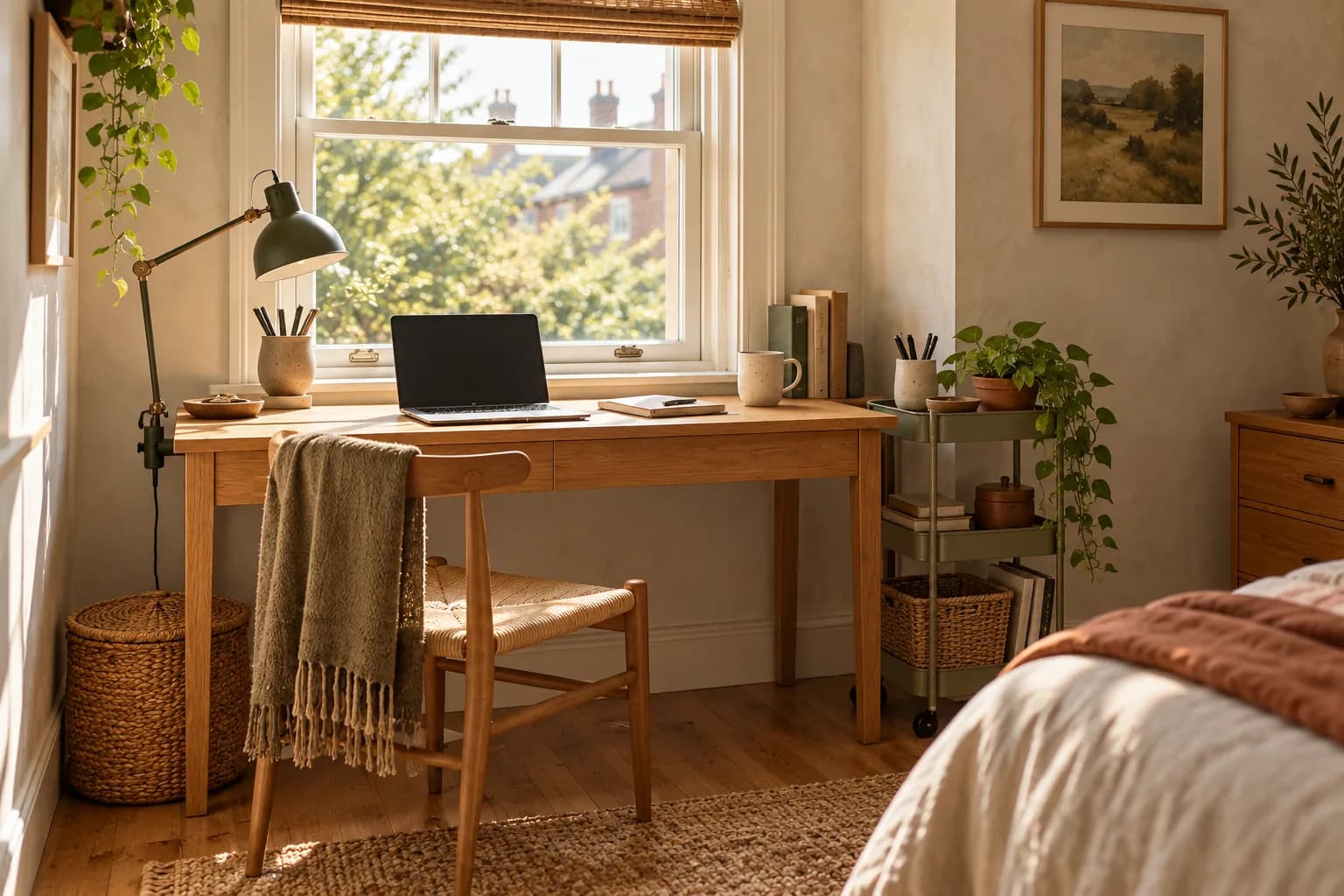 Small desk with a clamp task lamp, a lidded box and a slim rolling cart