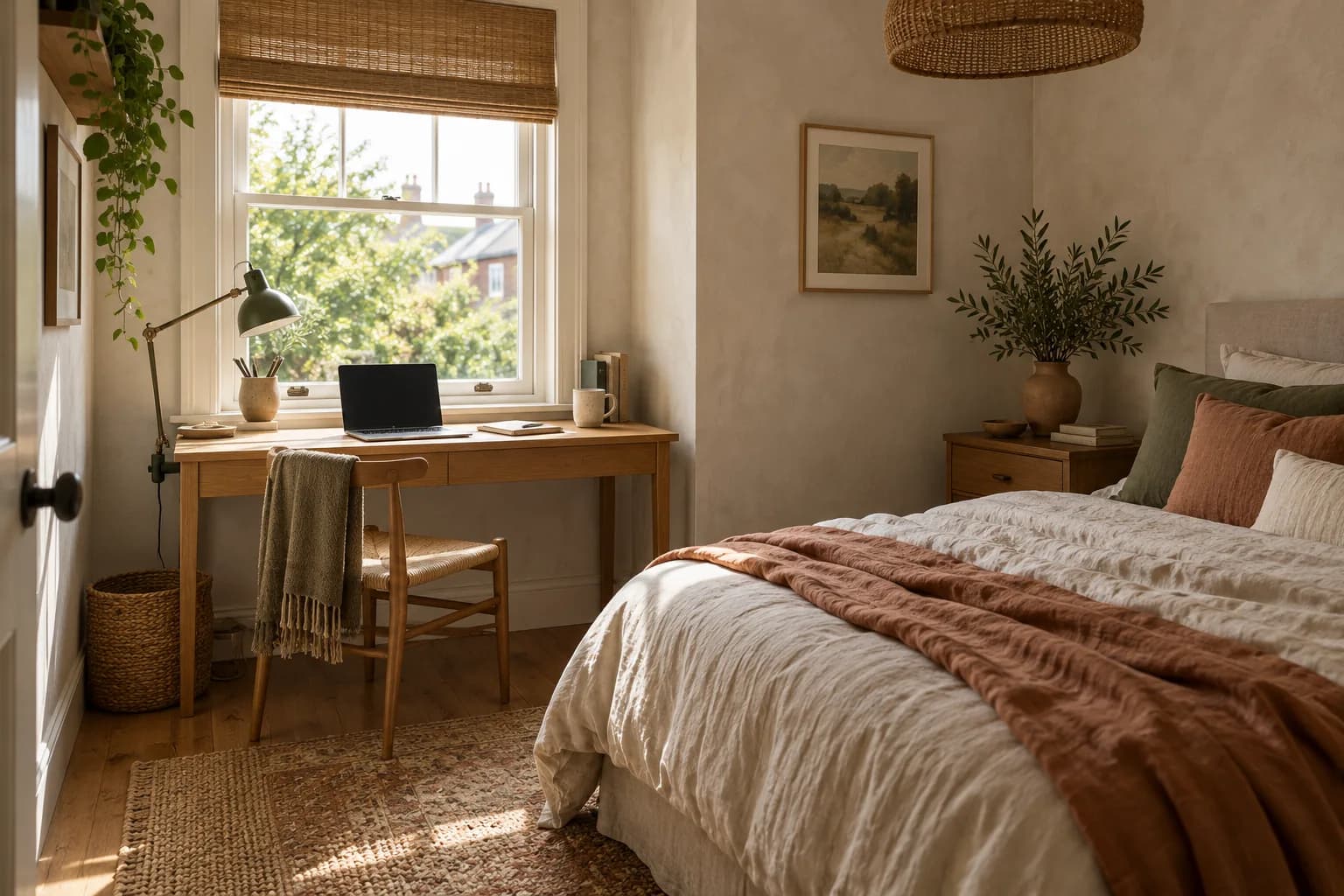 Small bedroom with a slim oak desk under the window and the bed to one side