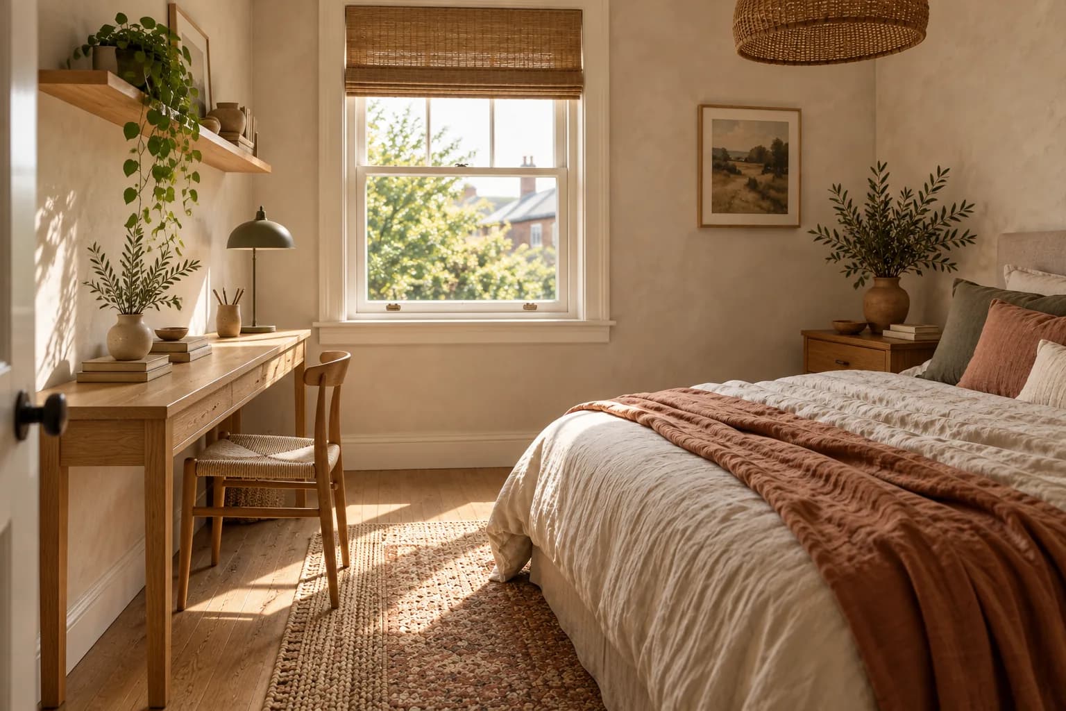 Long narrow oak desk at the foot of a bed facing the wall with a shelf above