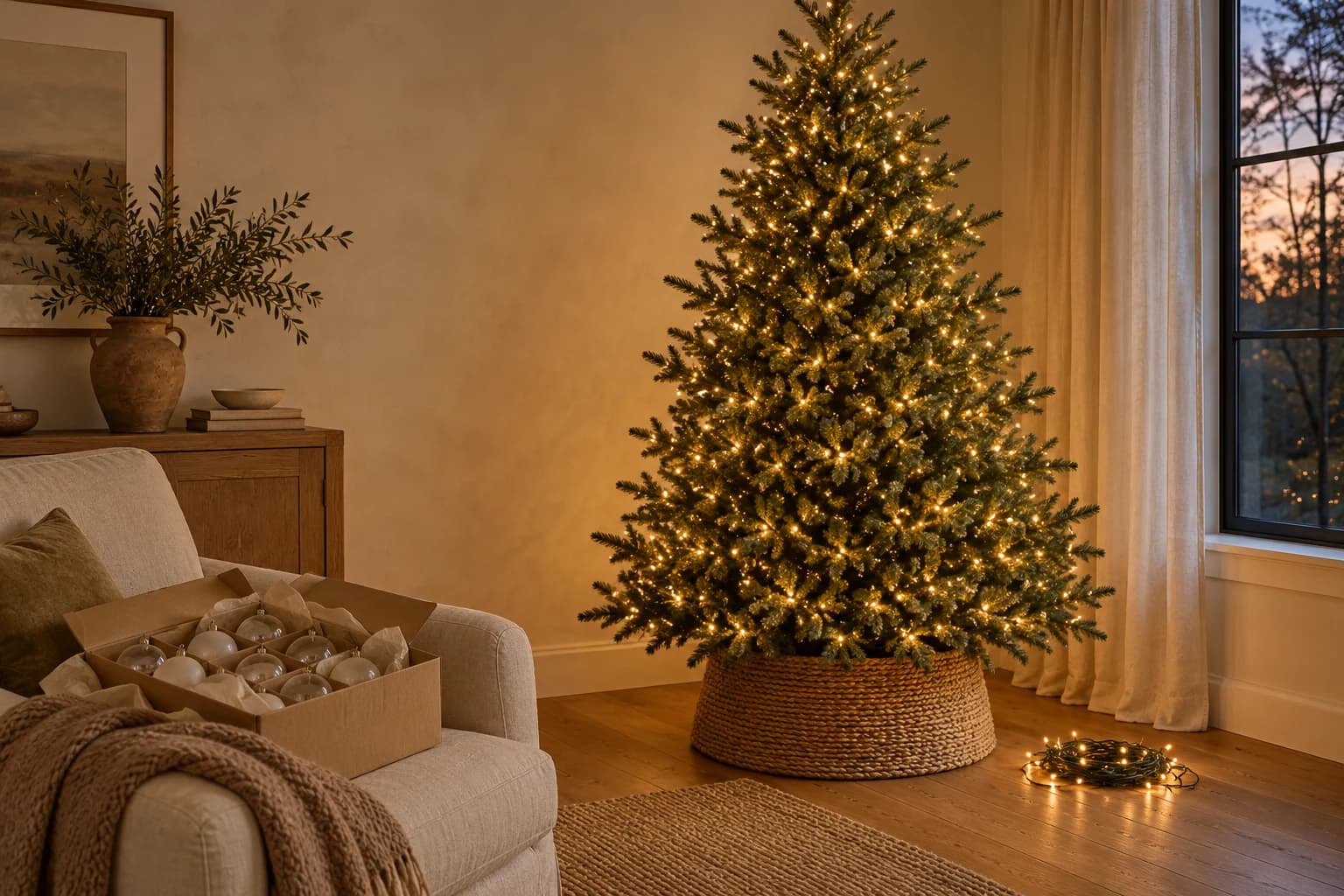 Green Christmas tree with warm white mini lights beside a woven collar, spare lights on the oak floor and an ornament box on a linen chair