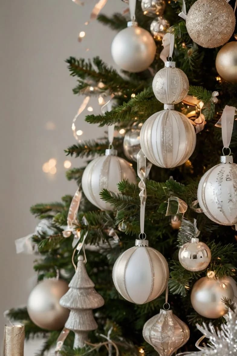 Close view of white and champagne glass ornaments with ribbon on green branches, warm lights blurred behind