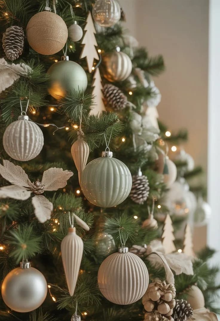 Close view of a Christmas tree with ribbed cream, sage green and silver ornaments in several sizes, pine cones and small wooden trees among warm lights