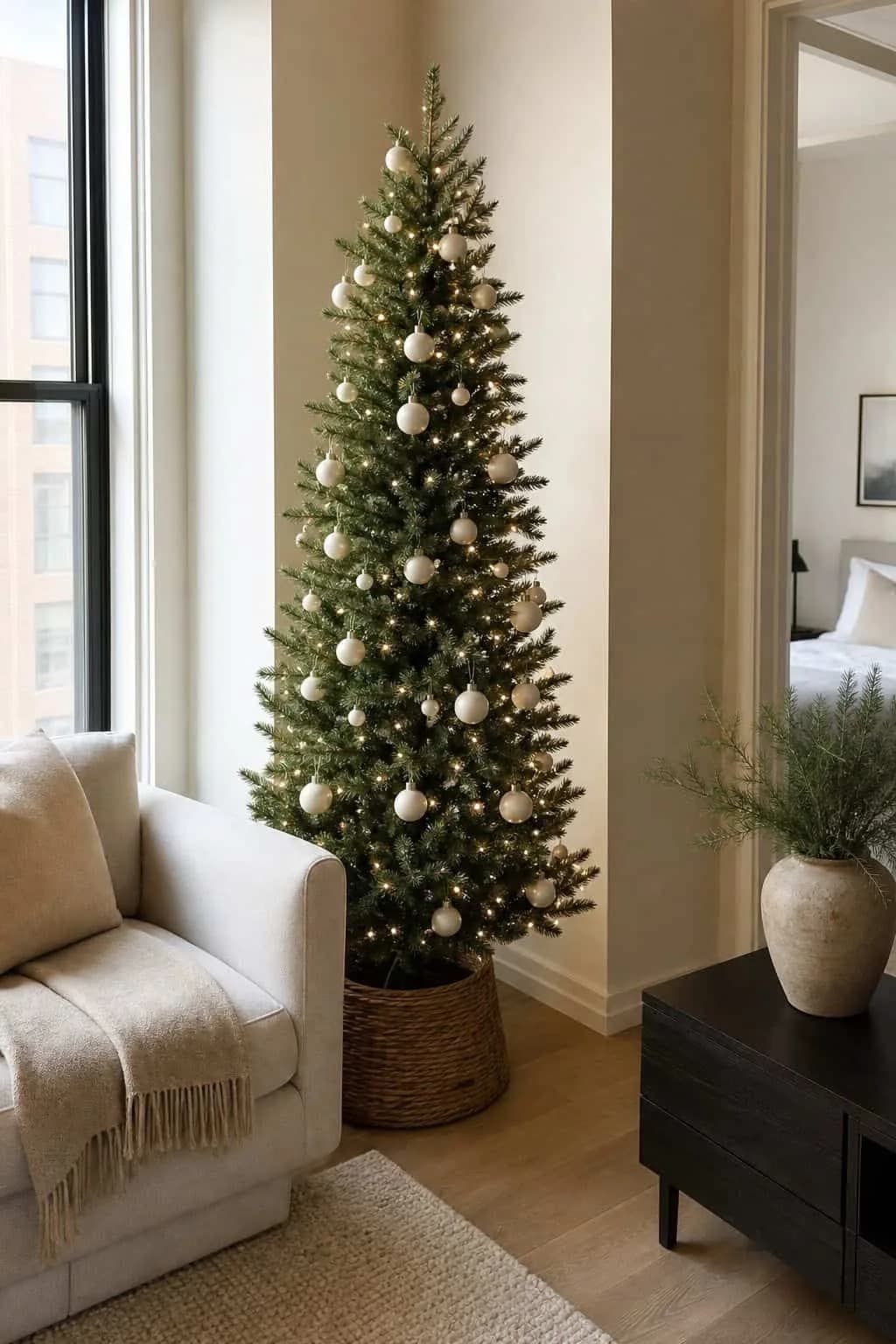 Slim Christmas tree in a woven basket with warm mini lights and matte white ball ornaments, in an apartment corner beside a cream armchair