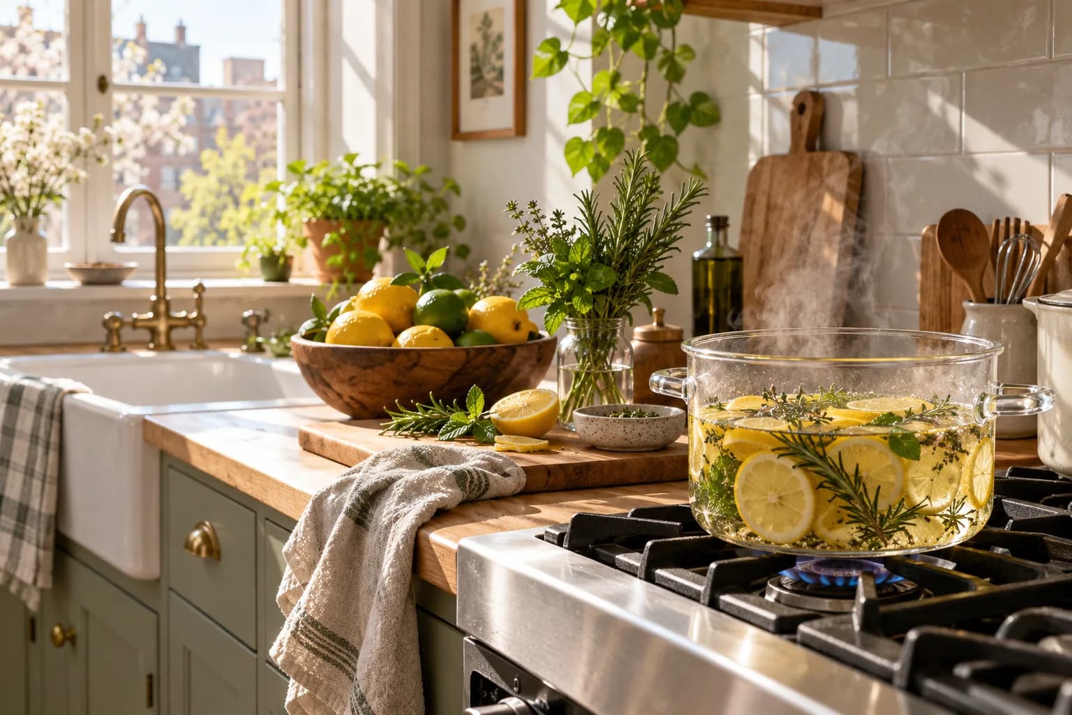 Bright kitchen with a glass pot simmering lemon and rosemary beside a wooden bowl of lemons and limes