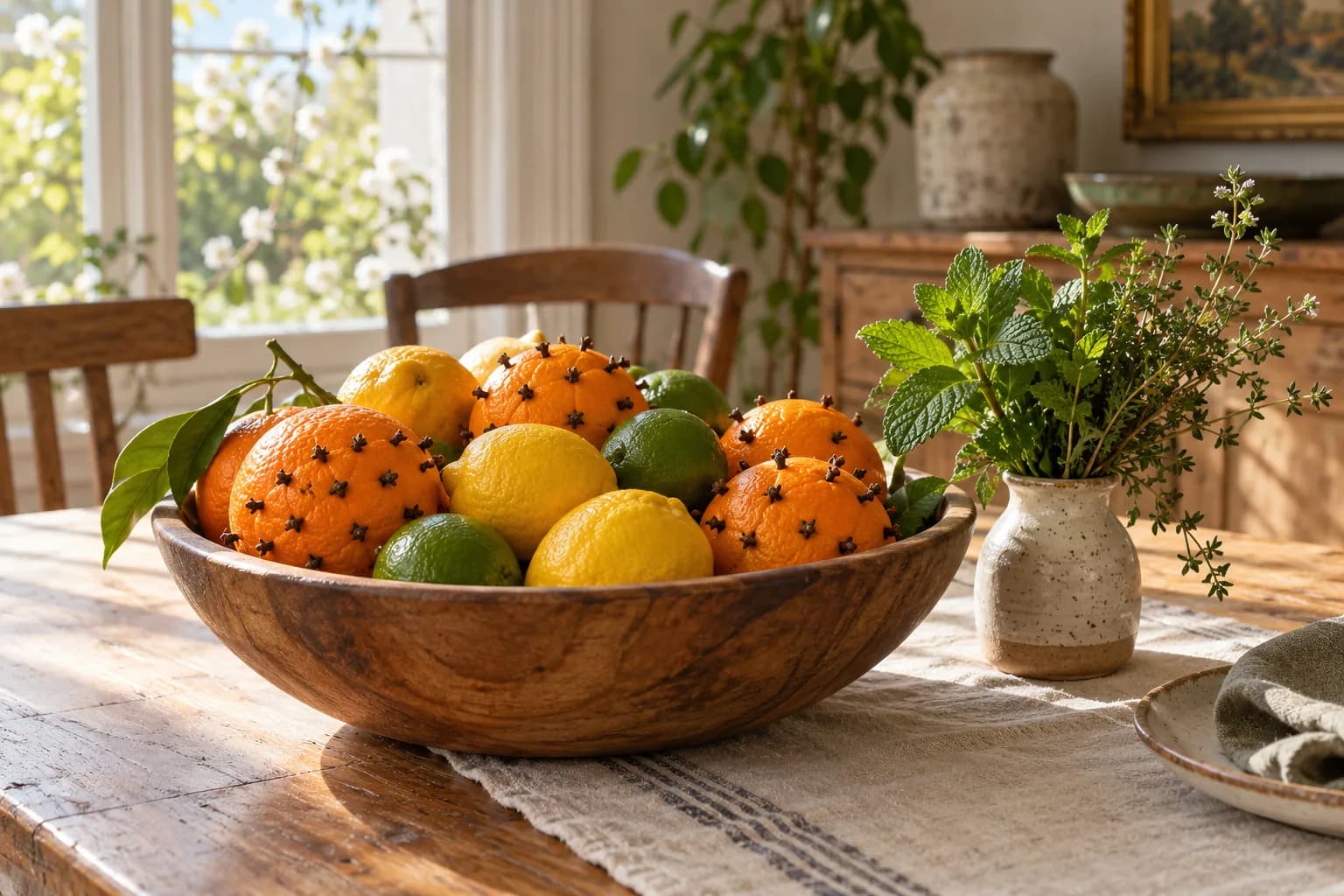Wooden bowl of lemons, limes and clove-studded oranges beside fresh herbs
