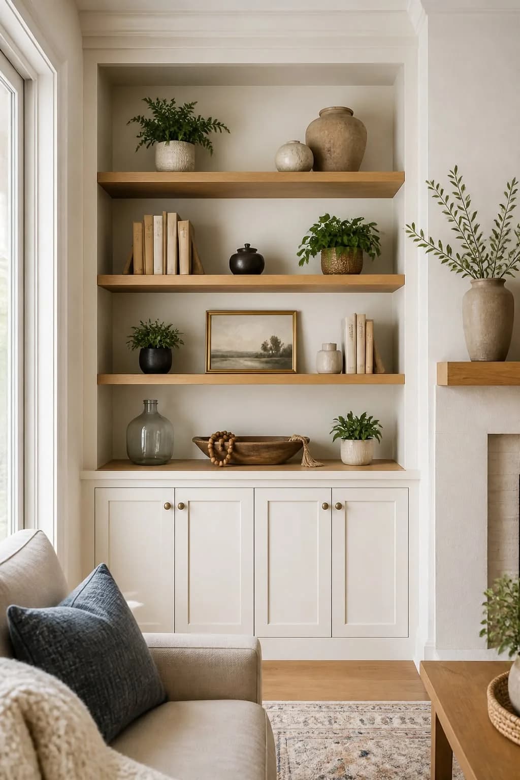 Alcove with four pale wood shelves above white cupboards, holding a few cream books, pottery, small plants, a landscape painting and a wooden bowl