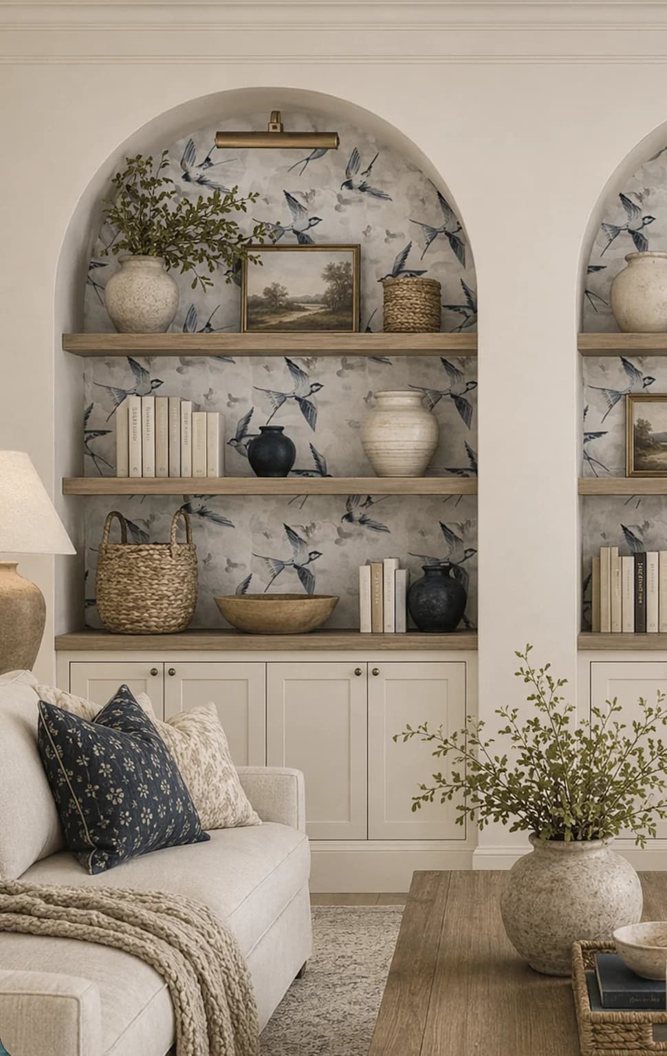 Arched alcove shelves backed with blue bird-patterned wallpaper, holding cream books, a basket, pottery and a small landscape painting under a brass picture light