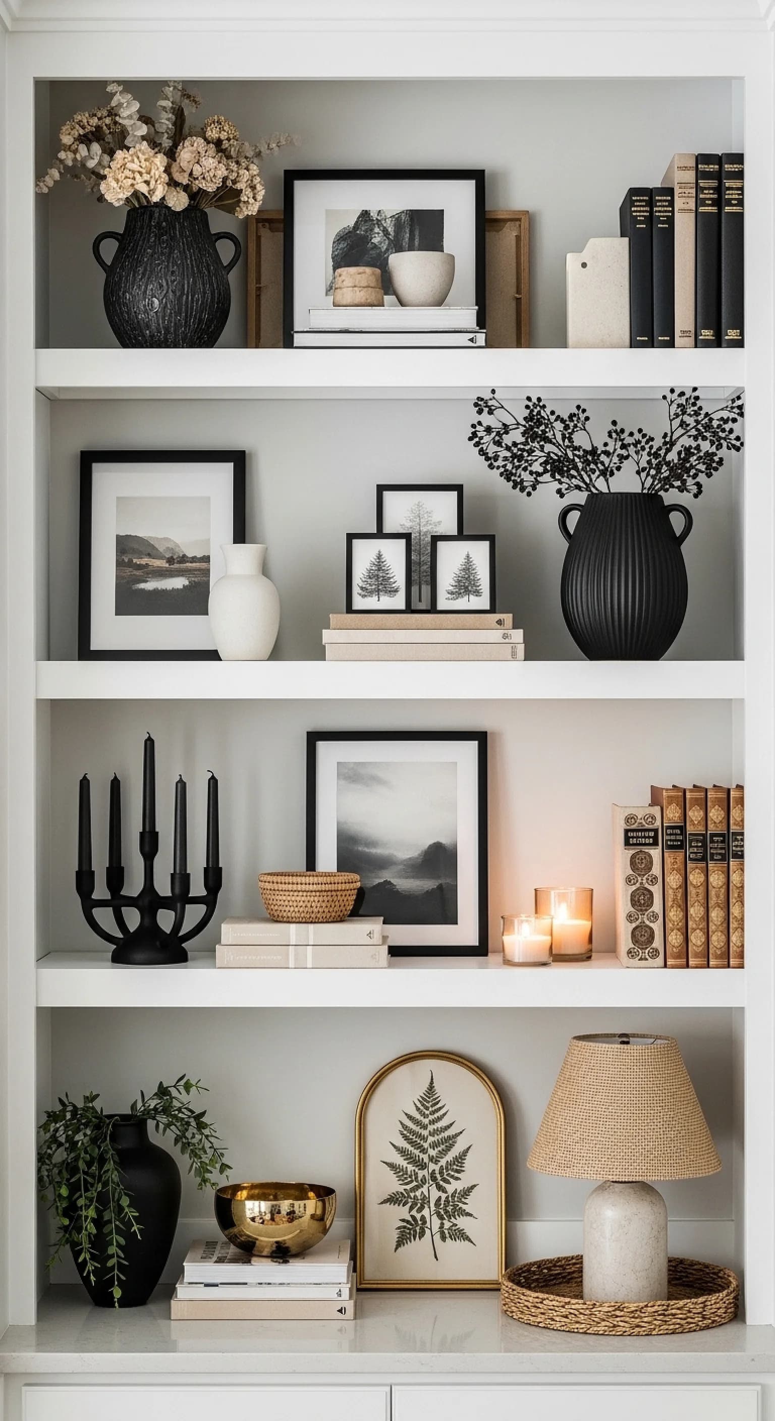 White built-in shelves styled in black, white and wood: black vases of dried flowers, black-and-white prints, a candelabra, short rows of books and a small lamp