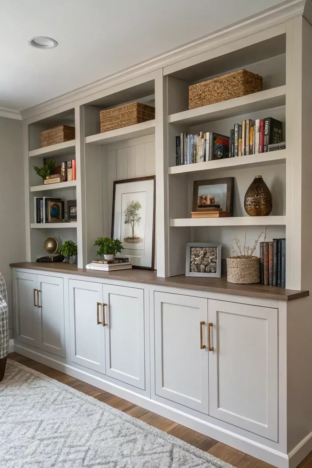 White built-in bookshelves along a wall with woven baskets on the top shelf, rows of books, a framed tree print, a bronze vase and grey cupboards with brass handles below