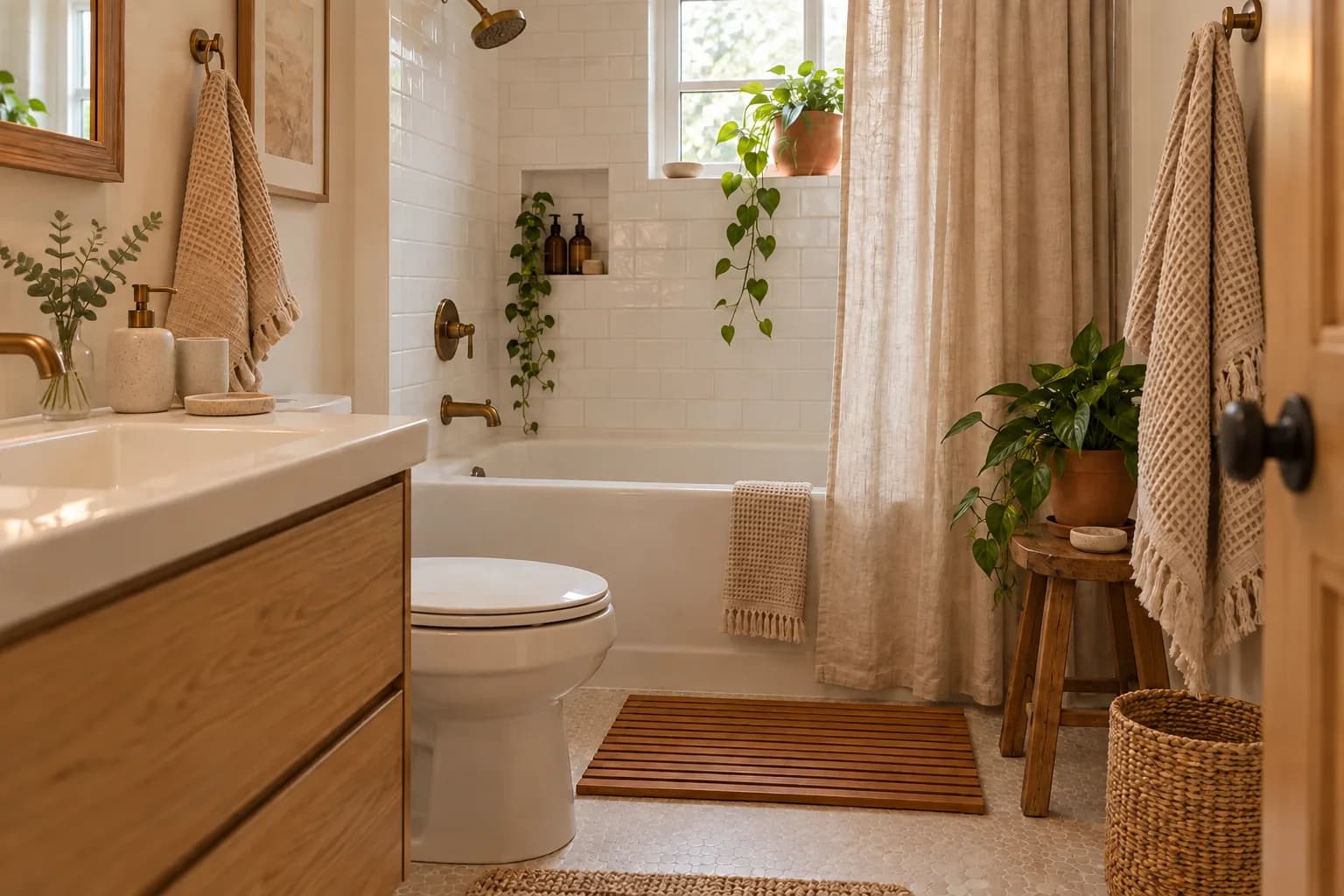 Clear bathroom counter with a matte stoneware dispenser, cup and dish and eucalyptus in a bud vase