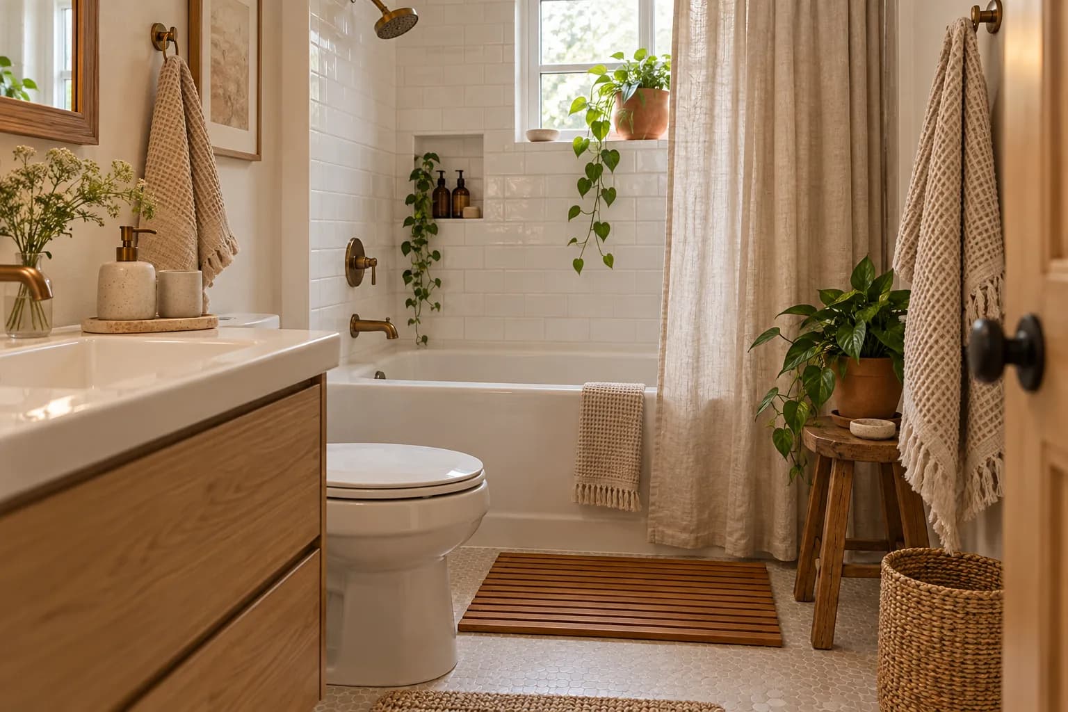 Small rental bathroom with waffle towels, a teak stool, stoneware accessories and a linen-look shower curtain