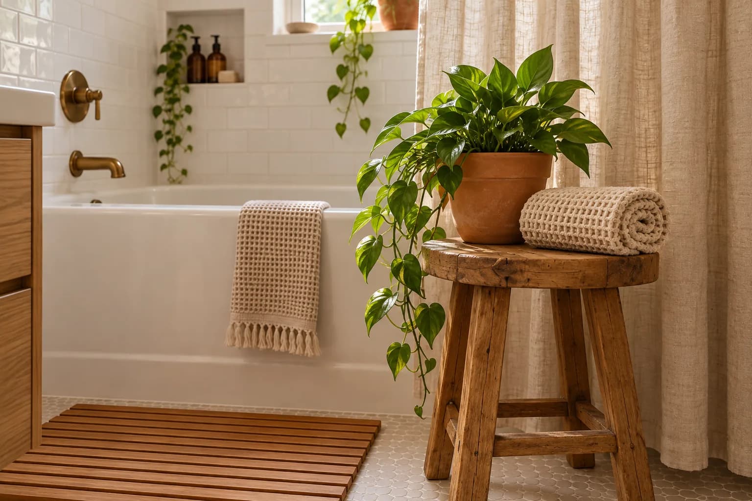 Teak stool beside a tub holding a rolled waffle towel and a small plant