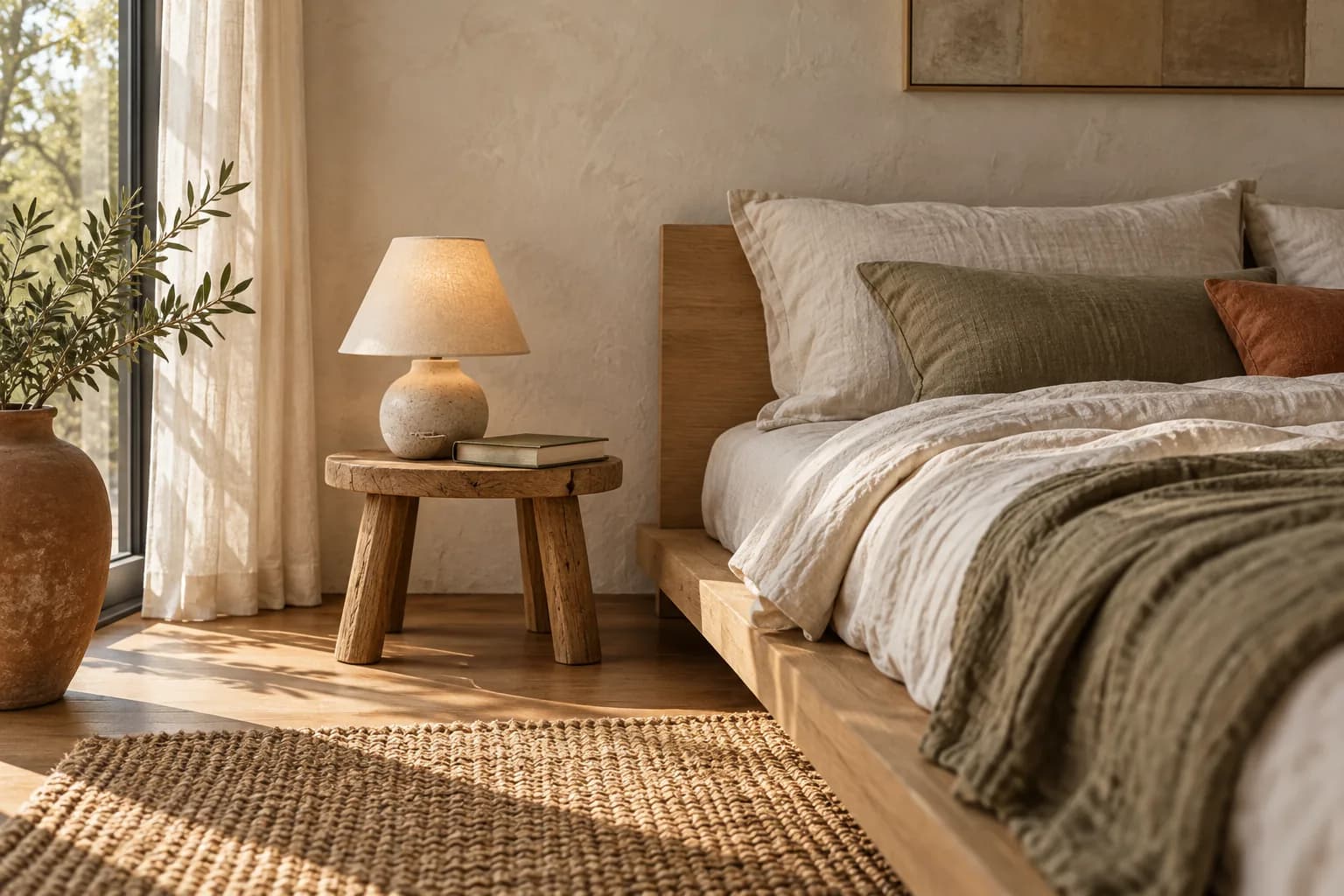 Low wooden stool used as a nightstand with a ceramic lamp beside a low oak bed