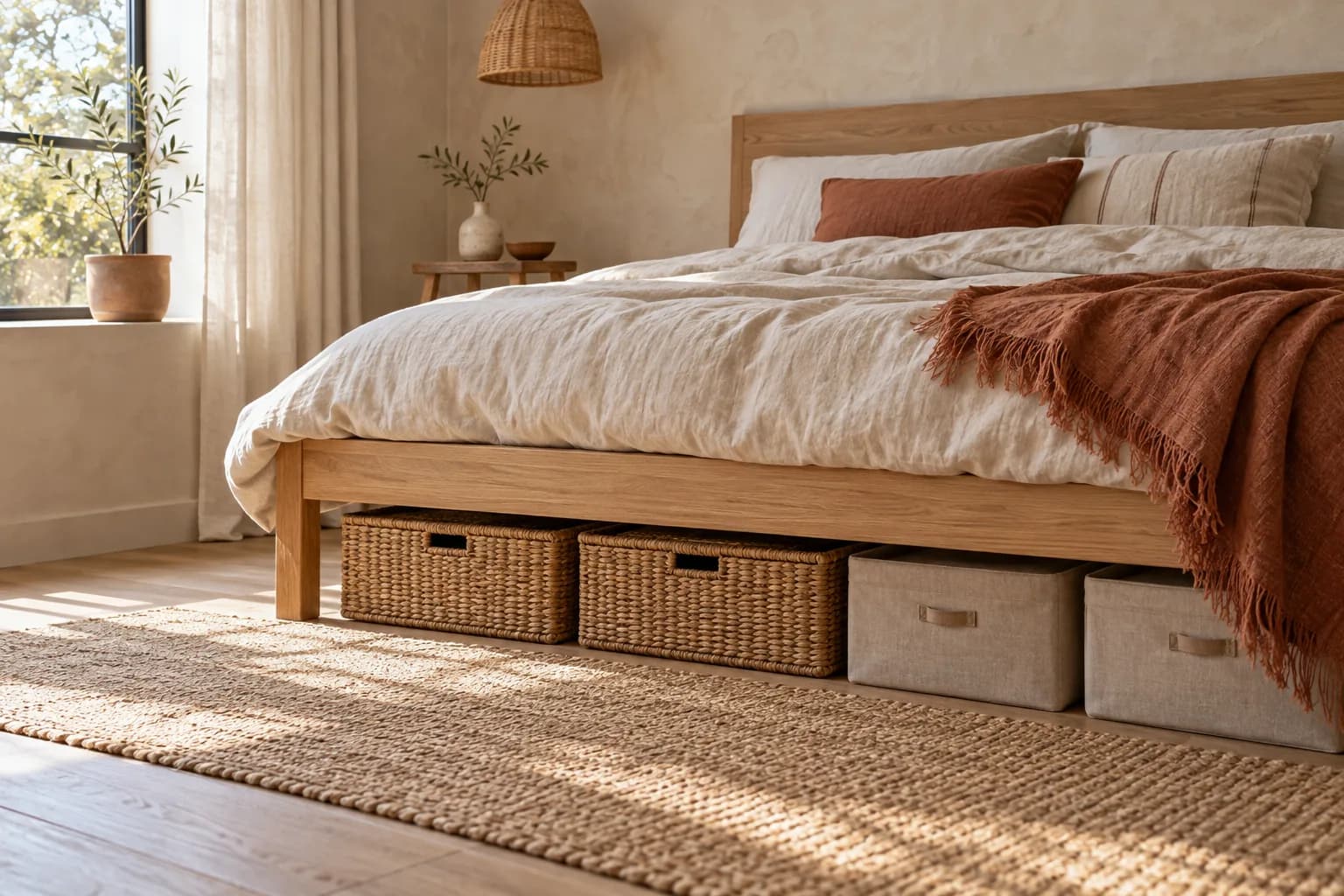 Woven baskets and fabric bins stored under a wooden bed frame
