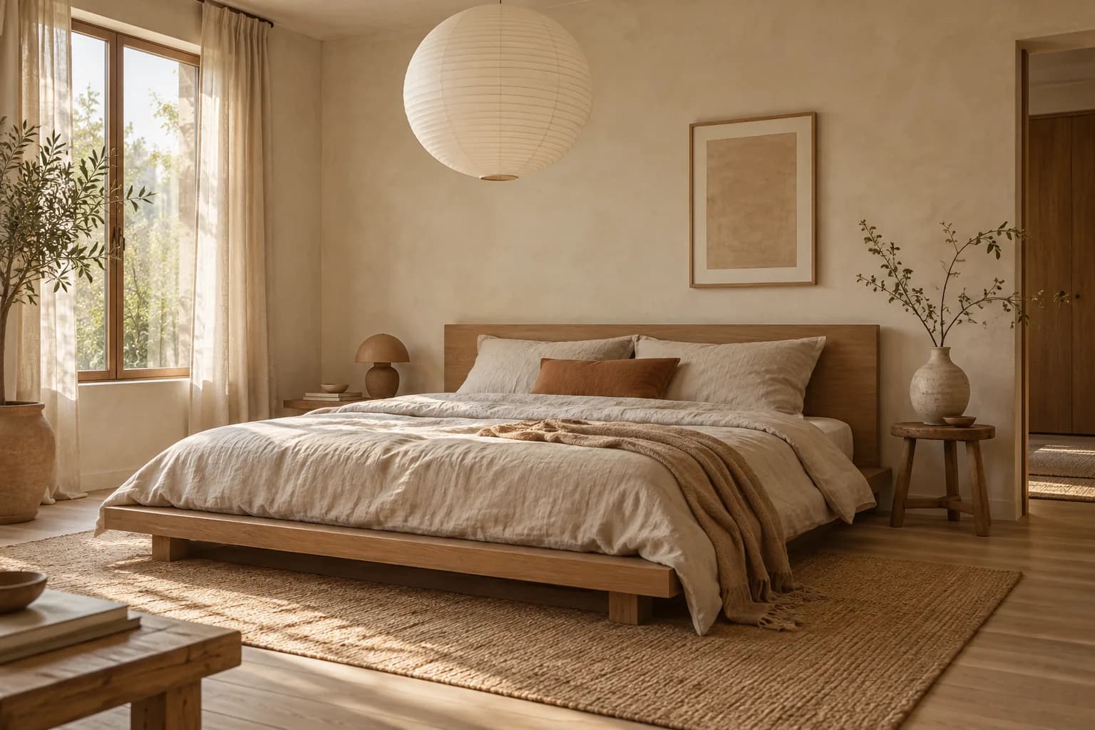 Calm Japandi bedroom with a low oak bed, oatmeal linen bedding and a paper lamp