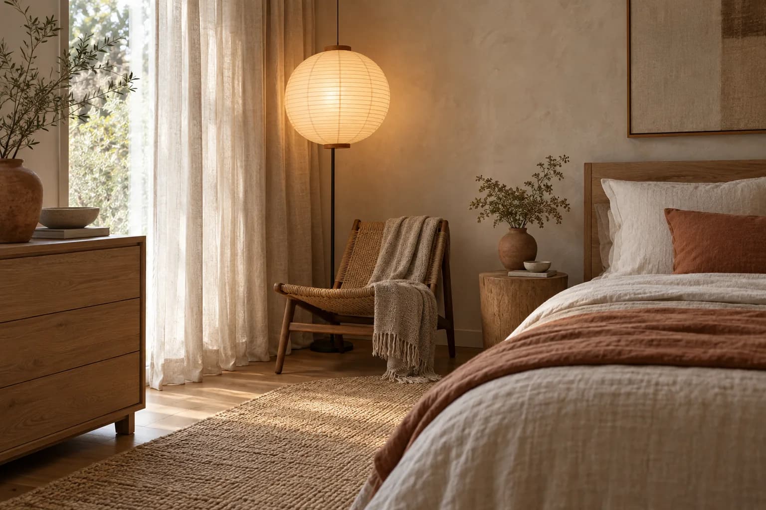 Paper floor lamp glowing in a bedroom corner beside a wood chair and linen curtains