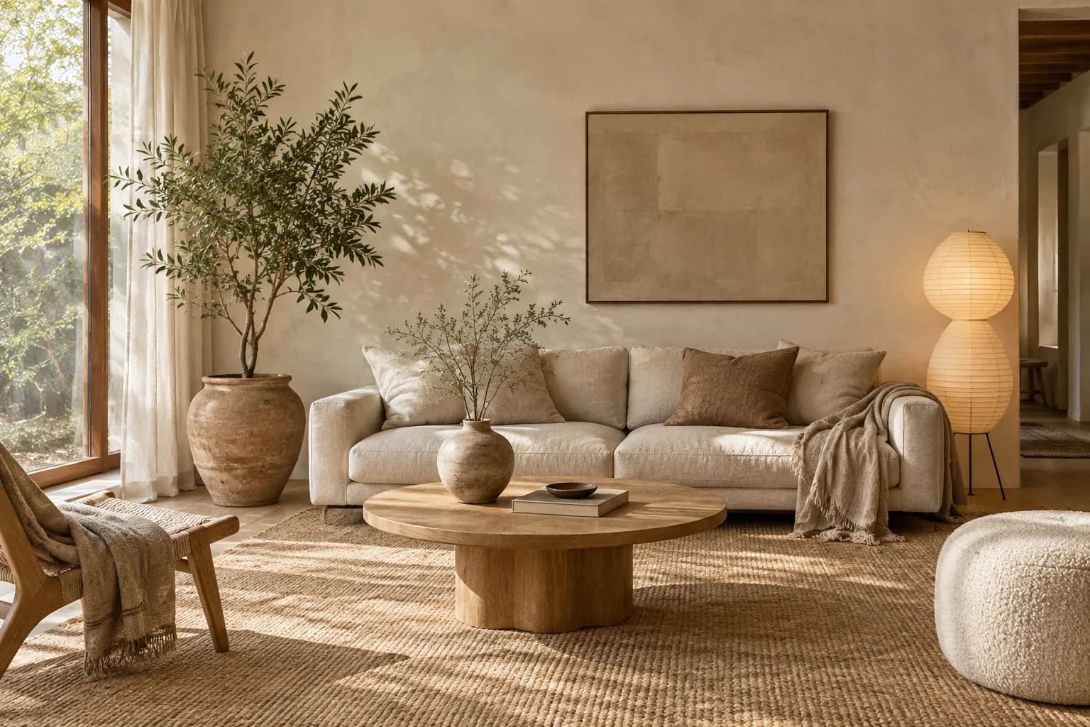 Small Japandi living room with a low oatmeal sofa, round oak coffee table and a paper floor lamp