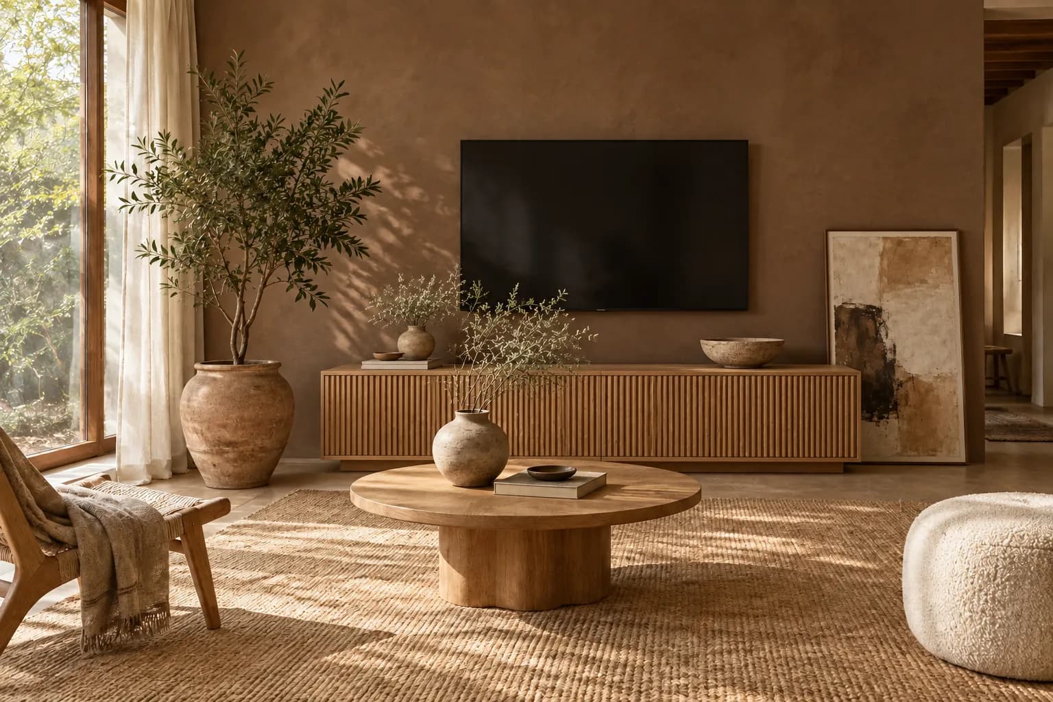 Low closed oak media console under a TV on a dark clay-colored wall