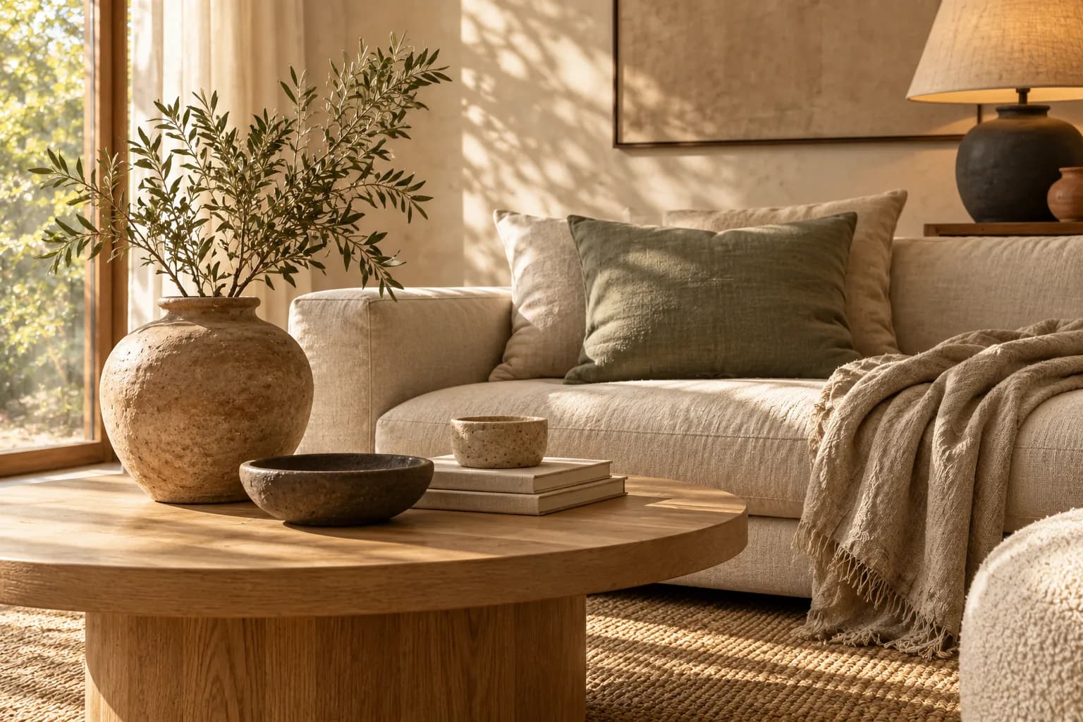 Close vignette of oak, linen, clay ceramics, a charcoal lamp base and a sage cushion