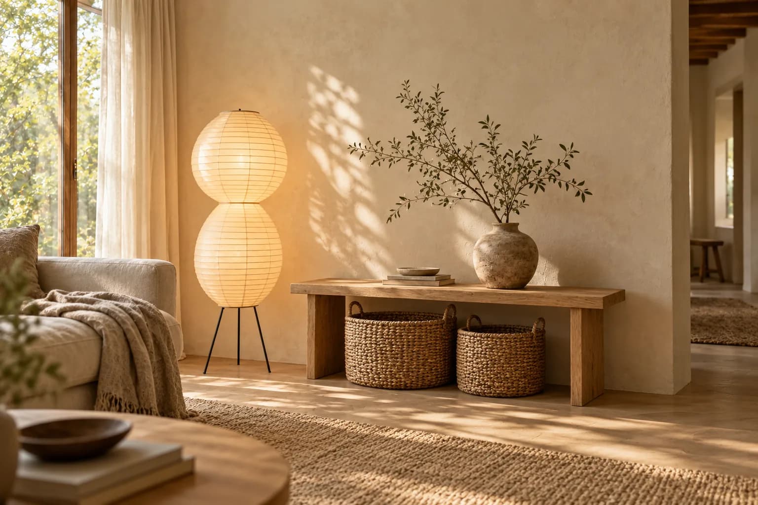 Slim oak bench with baskets beneath, a paper lamp and a branch in a stoneware vase