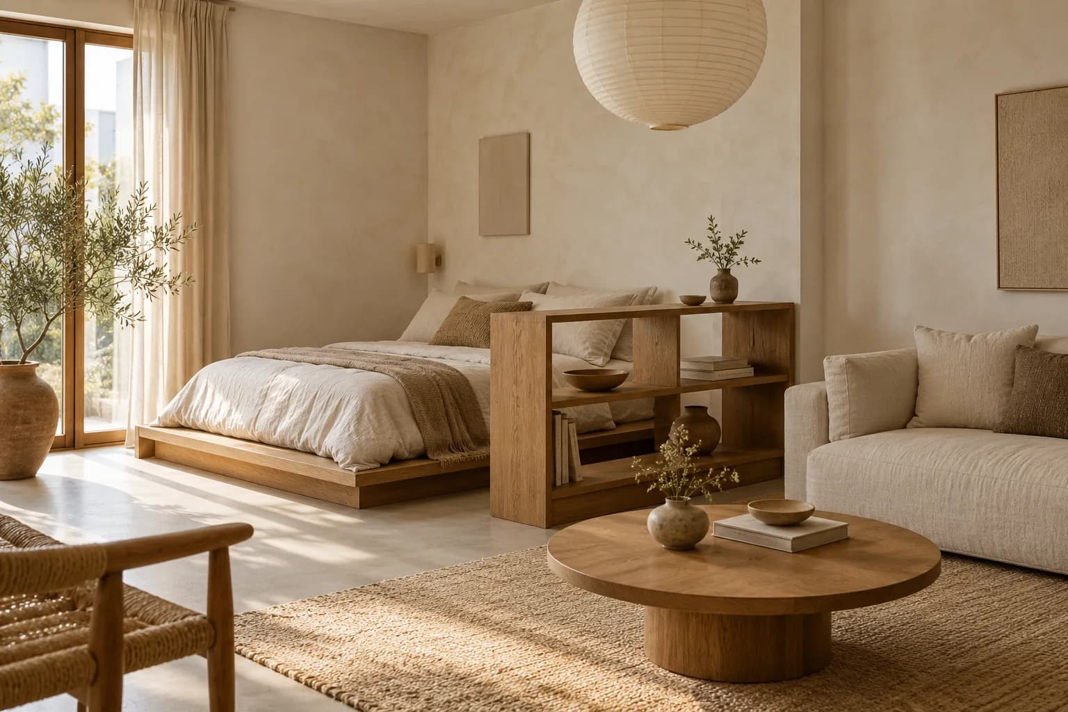 Japandi studio apartment with a low bed behind a low oak shelf and a paper lamp