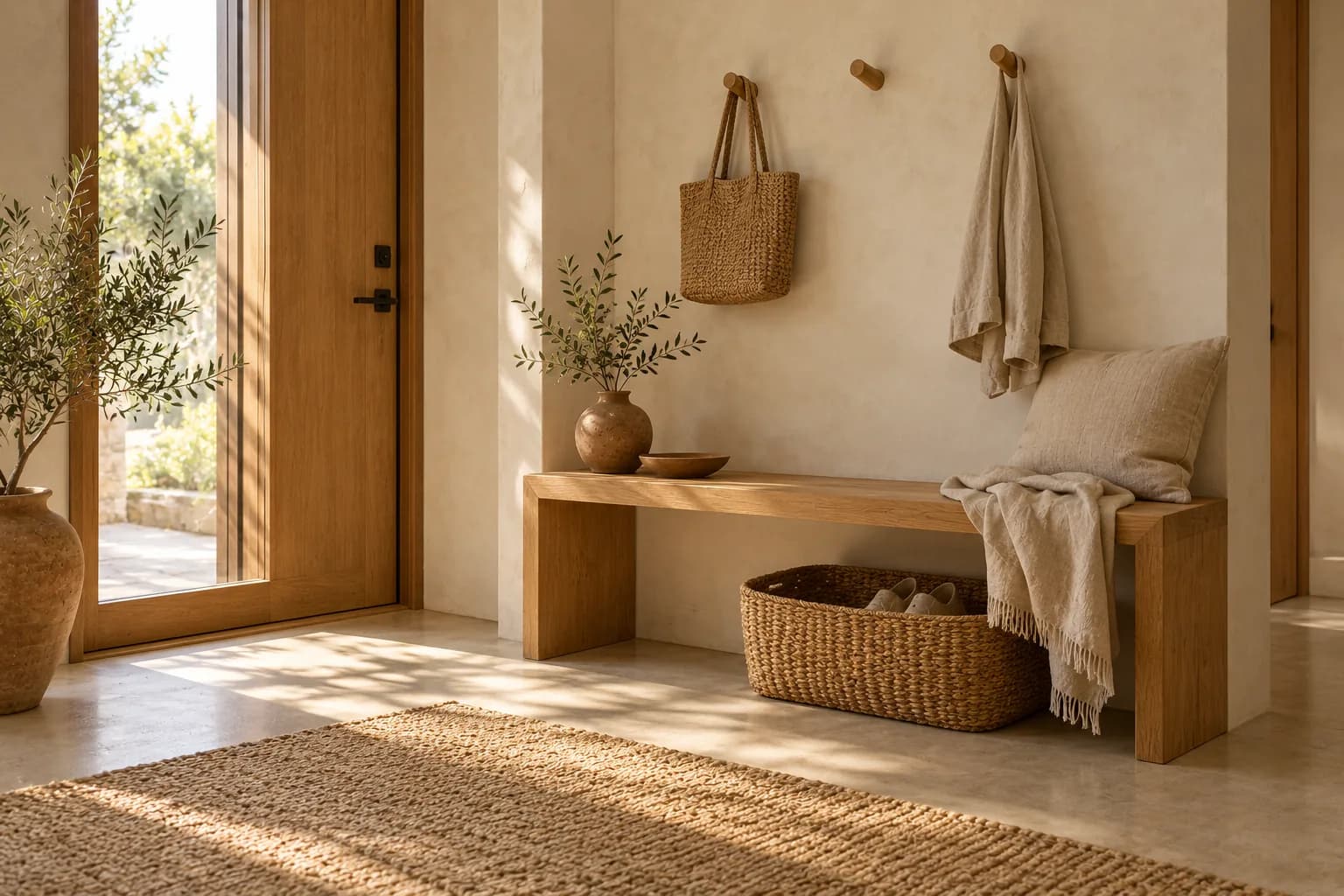 Tiny entry with a slim oak bench, wooden wall pegs and a woven shoe basket