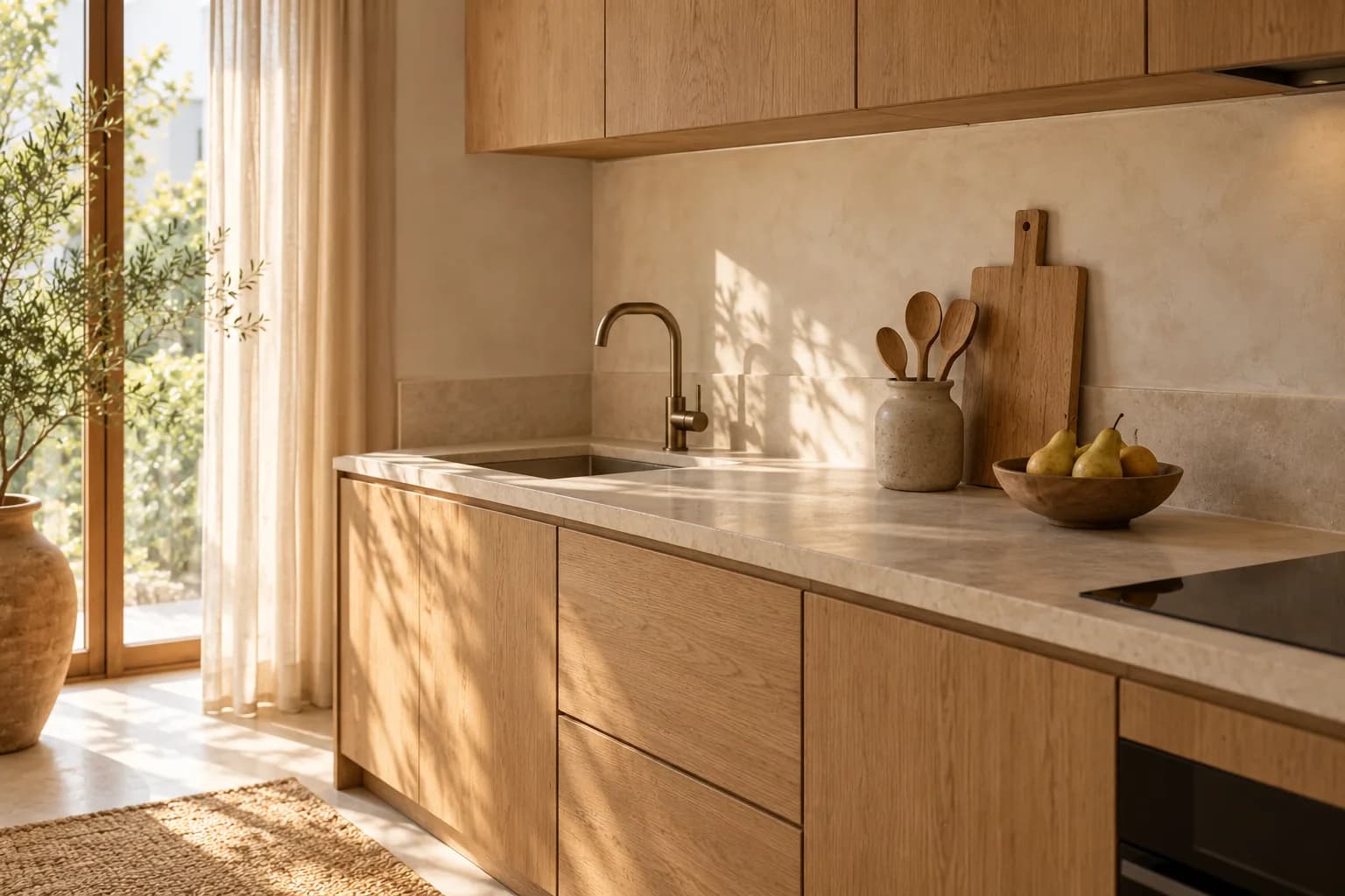 Nearly clear kitchen counter with a wooden board, a stoneware utensil crock and a bowl of pears