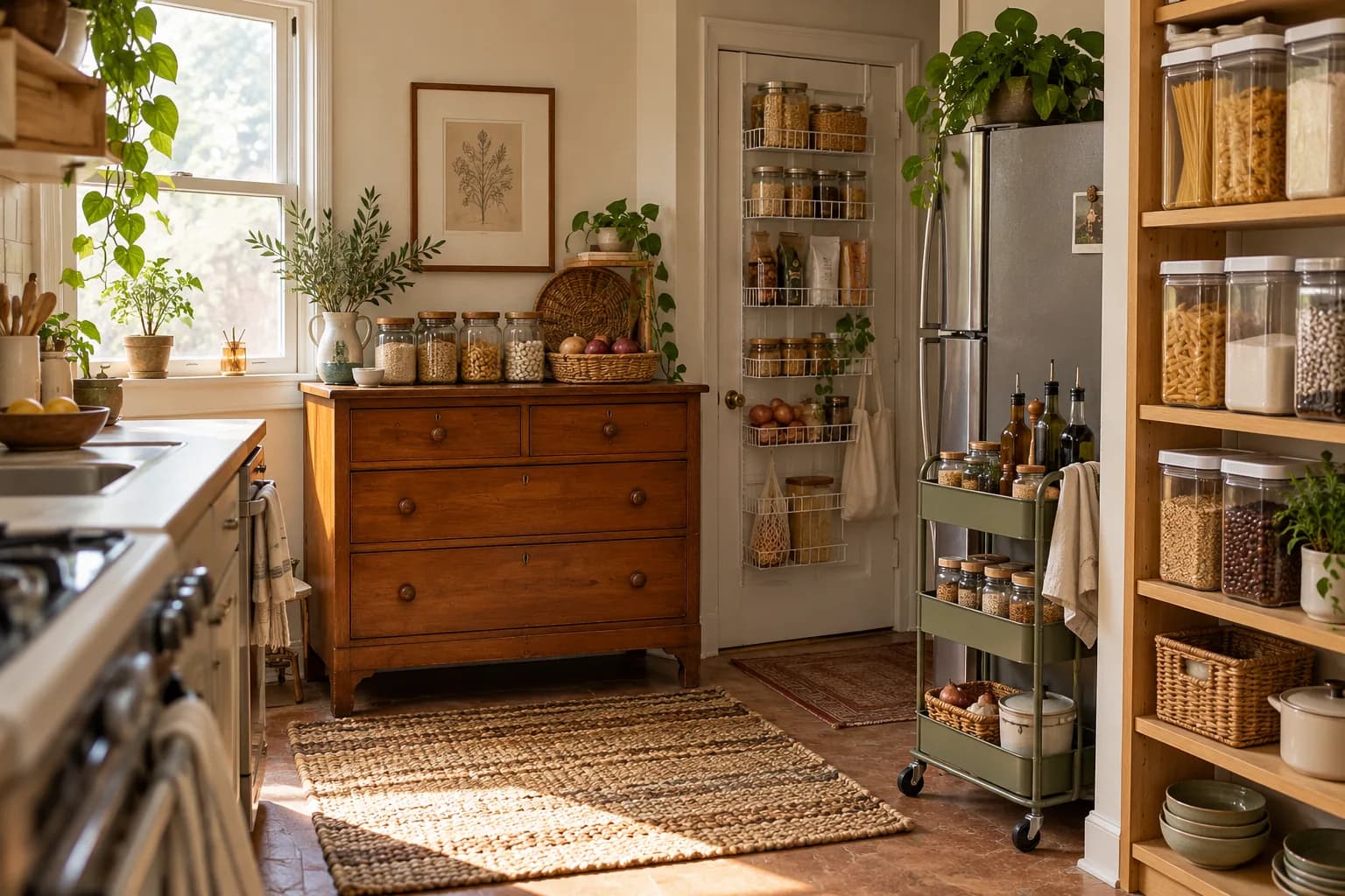 Small apartment kitchen with a thrifted dresser pantry, slim green rolling cart, over-the-door rack and open shelves of square containers